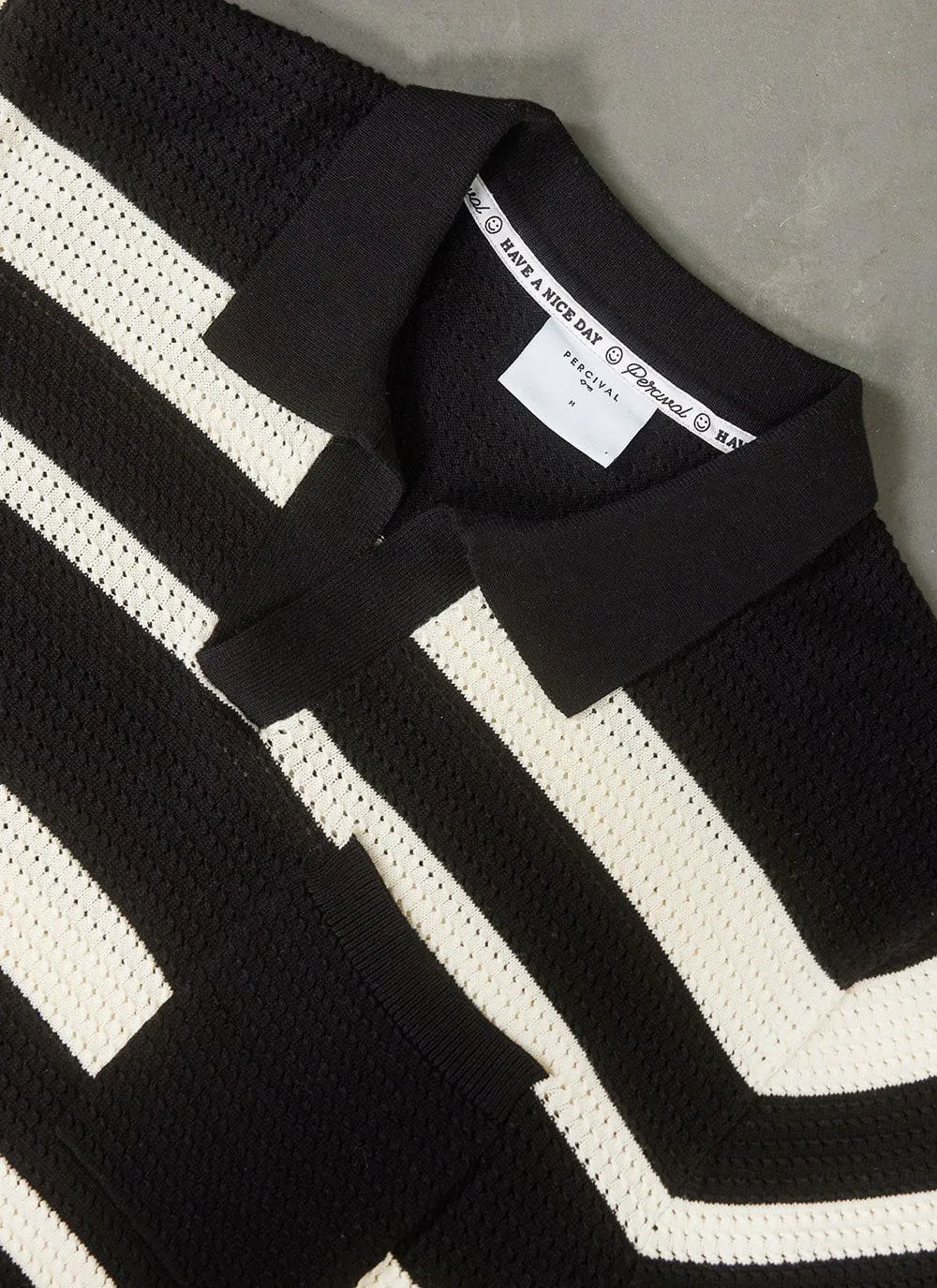 Paros Stripe Polo Shirt | Cotton | Black with Ecru sold by Percival product image thumbnail 2