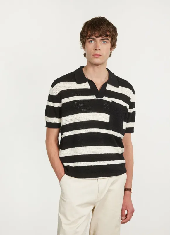 Paros Stripe Polo Shirt | Cotton | Black with Ecru sold by Percival