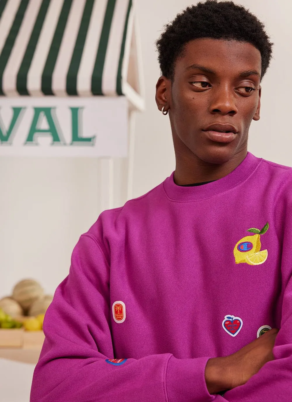 Perci-Post Stamps Sweatshirt | Champion and Percival | Magenta sold by Percival