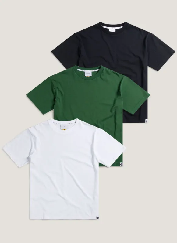 3 Pack Oversized Auxiliary T Shirts | Organic Cotton | White / Forest / Black sold by Percival
