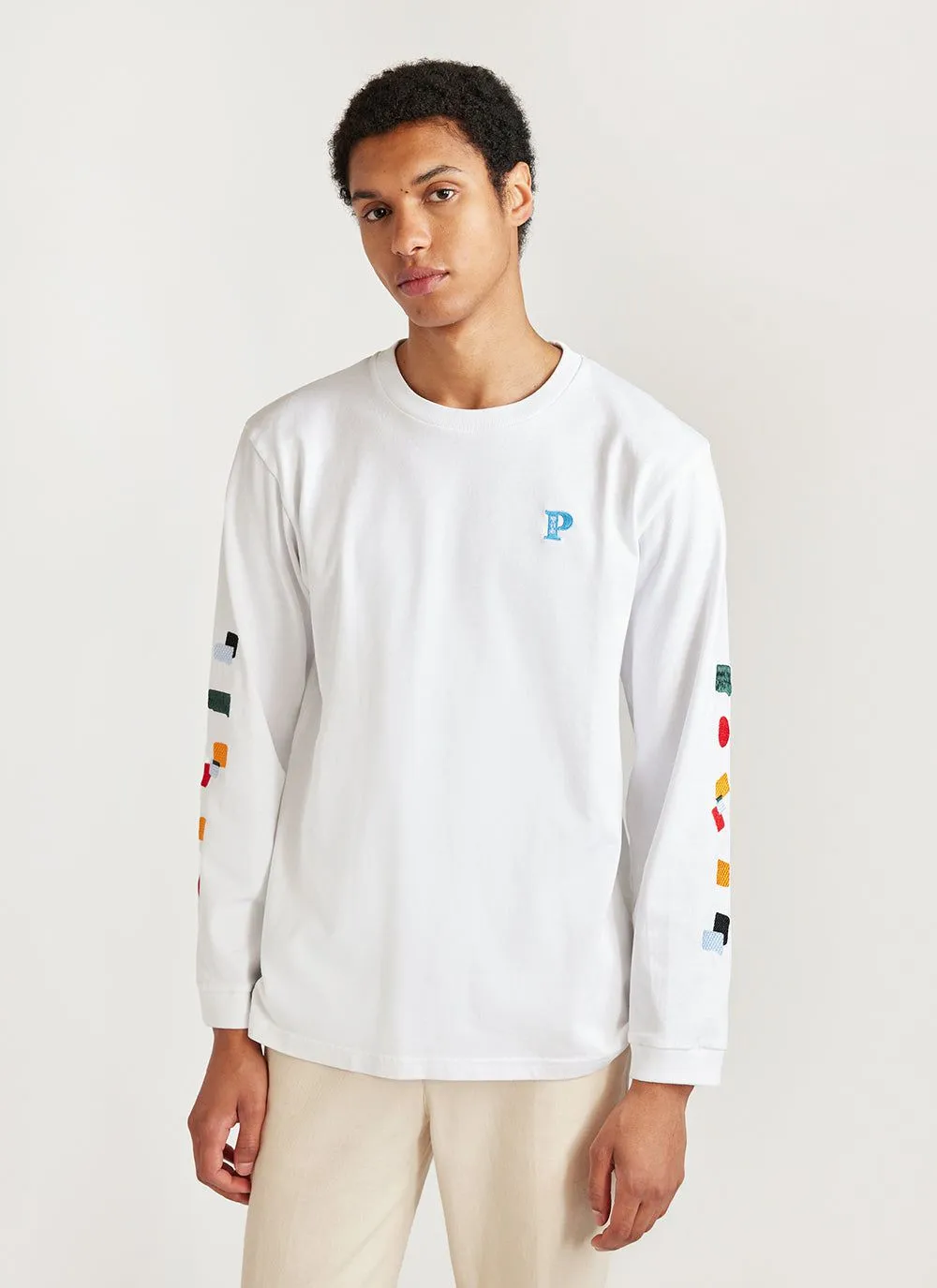 Patch Long Sleeve T Shirt | Embroidered Organic Cotton | White sold by Percival