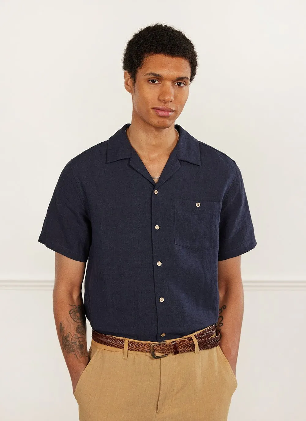 Short Sleeve Cuban Shirt | Linen | Navy sold by Percival