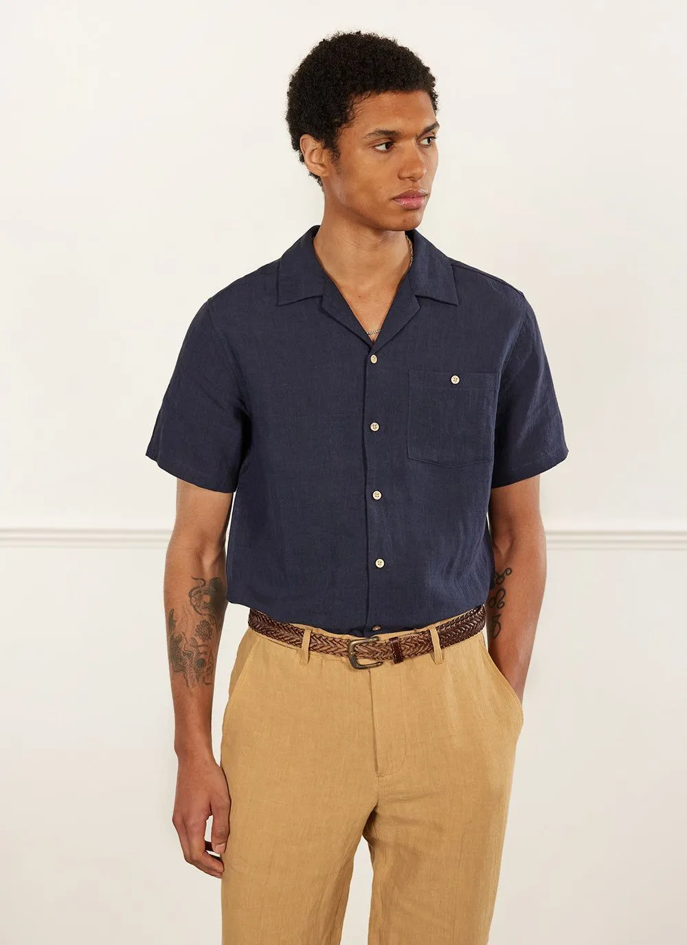 Short Sleeve Cuban Shirt | Linen | Navy sold by Percival product image thumbnail 4