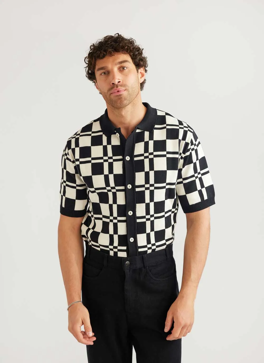 The Low Talker Knitted Shirt | Seinfeld x Percival | Black with Cream sold by Percival