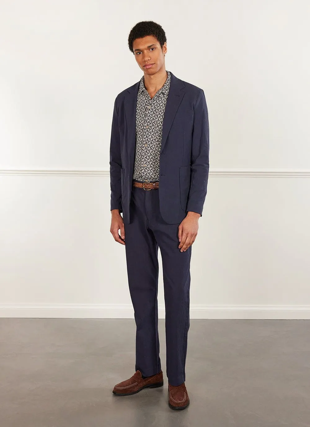 Tailored Seersucker Blazer | Navy sold by Percival