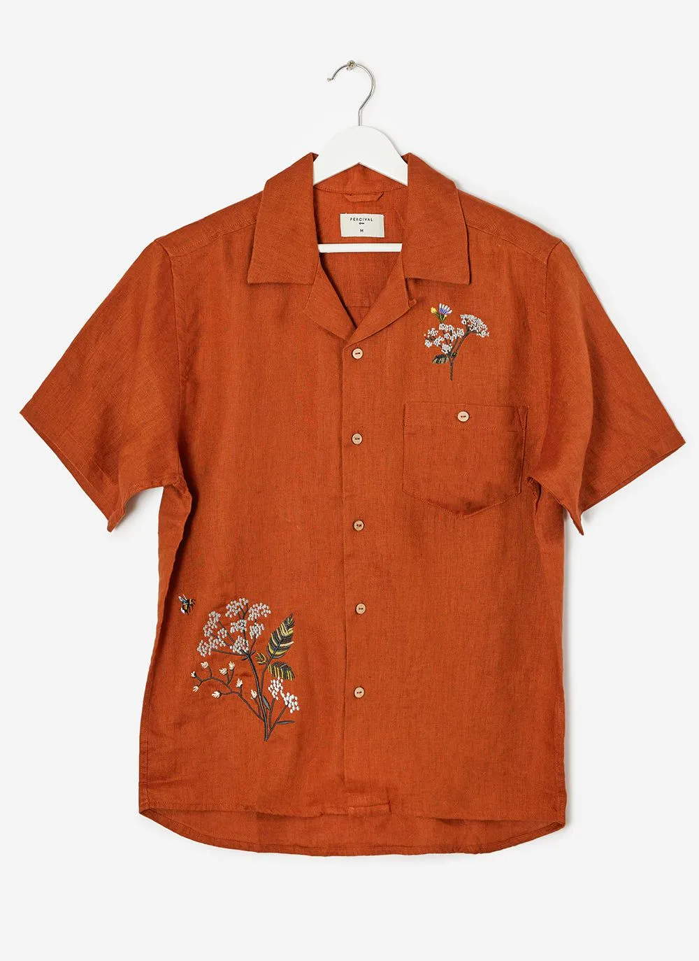 Wildflower Tapestry Cuban Linen Shirt | Brick sold by Percival