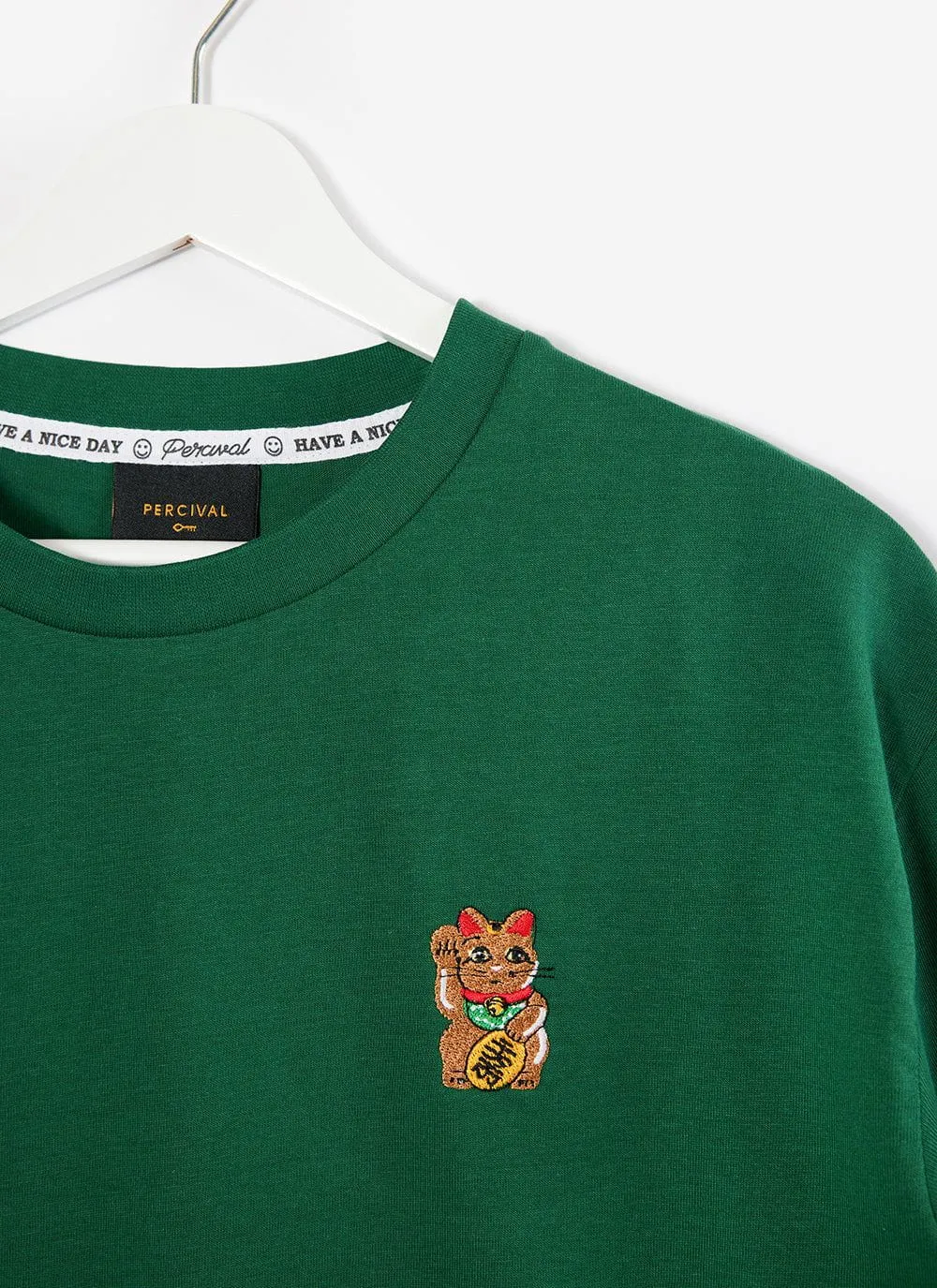 Good Luck Cat T Shirt | Embroidered Organic Cotton | Emerald sold by Percival product image thumbnail 2