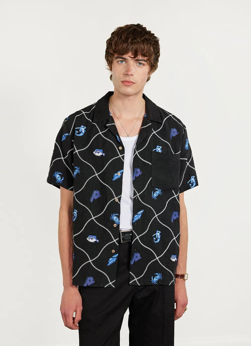 Netted Crab Tapestry Cuban Shirt | Linen | Black sold by Percival