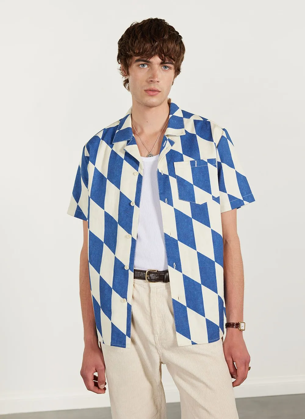 Market Diamond Cuban Shirt | Cotton | Ecru with Navy sold by Percival