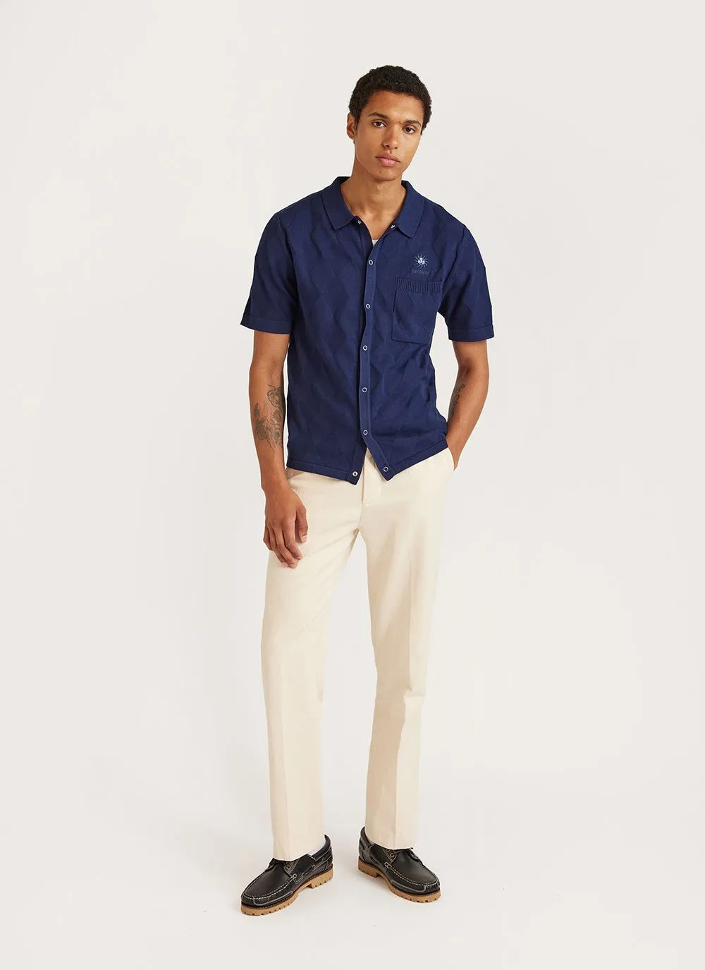 Intarsia Diamond Shirt | Knitted Cotton | Navy sold by Percival product image thumbnail 4