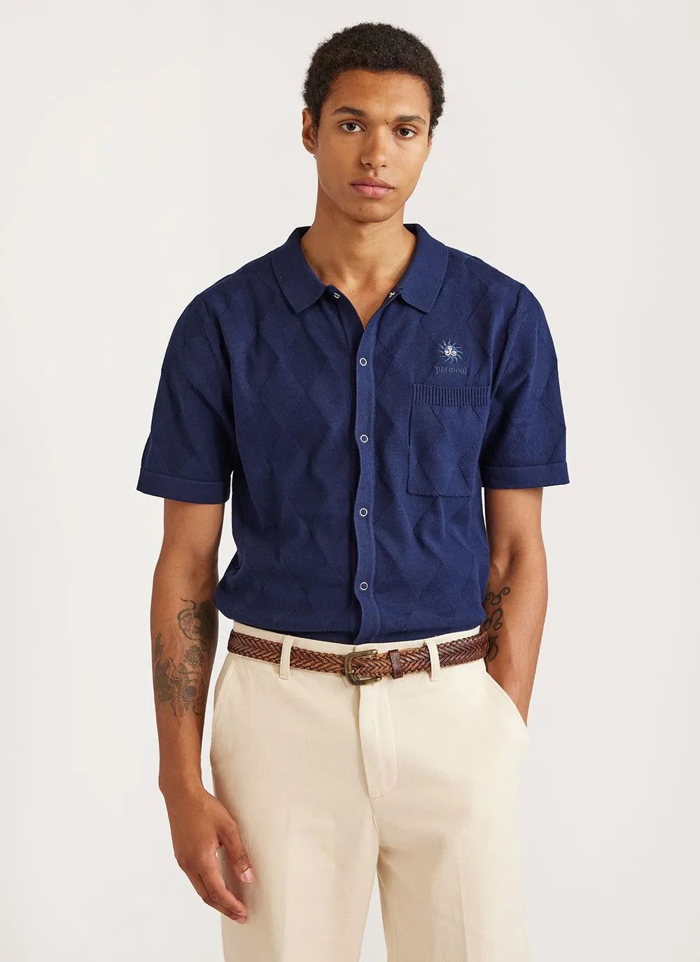 Intarsia Diamond Shirt | Knitted Cotton | Navy sold by Percival