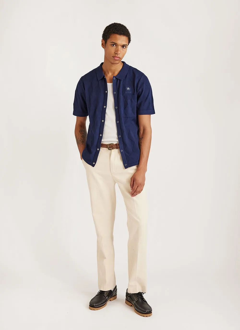 Intarsia Diamond Shirt | Knitted Cotton | Navy sold by Percival product image thumbnail 2