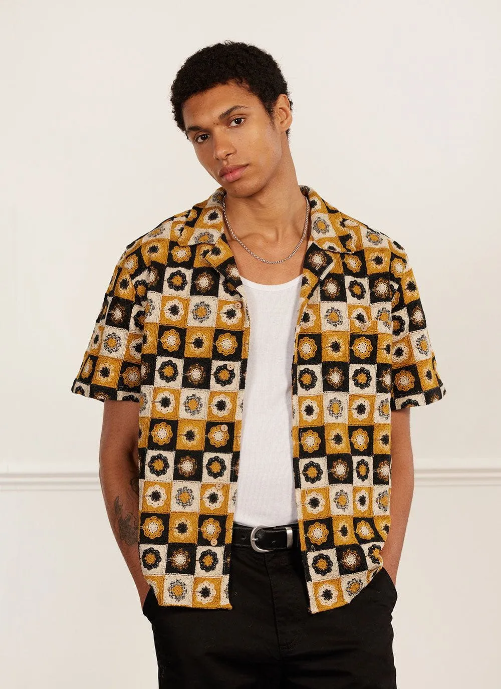 Sour Patch Crochet Cuban Shirt | Tan with Black sold by Percival product image thumbnail 3