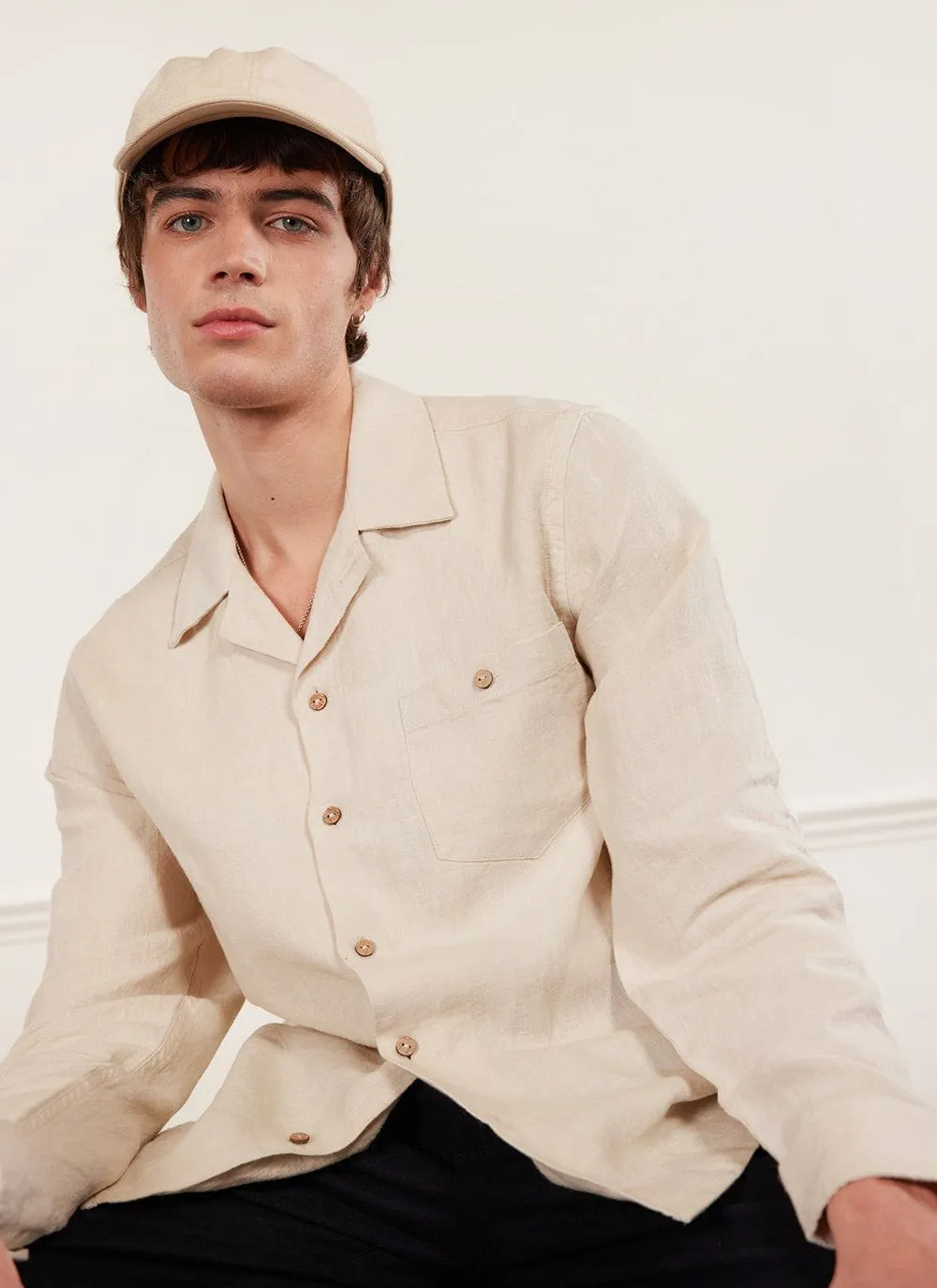 Long Sleeve Cuban Linen Shirt | Cream sold by Percival product image thumbnail 4