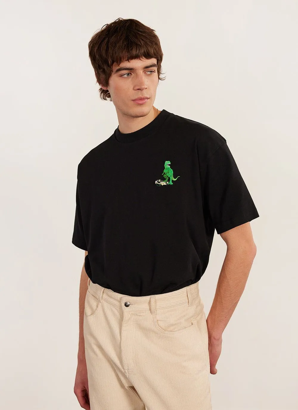 Large Theropod Oversized Auxiliary T Shirt | Embroidered Organic Cotton | Black sold by Percival