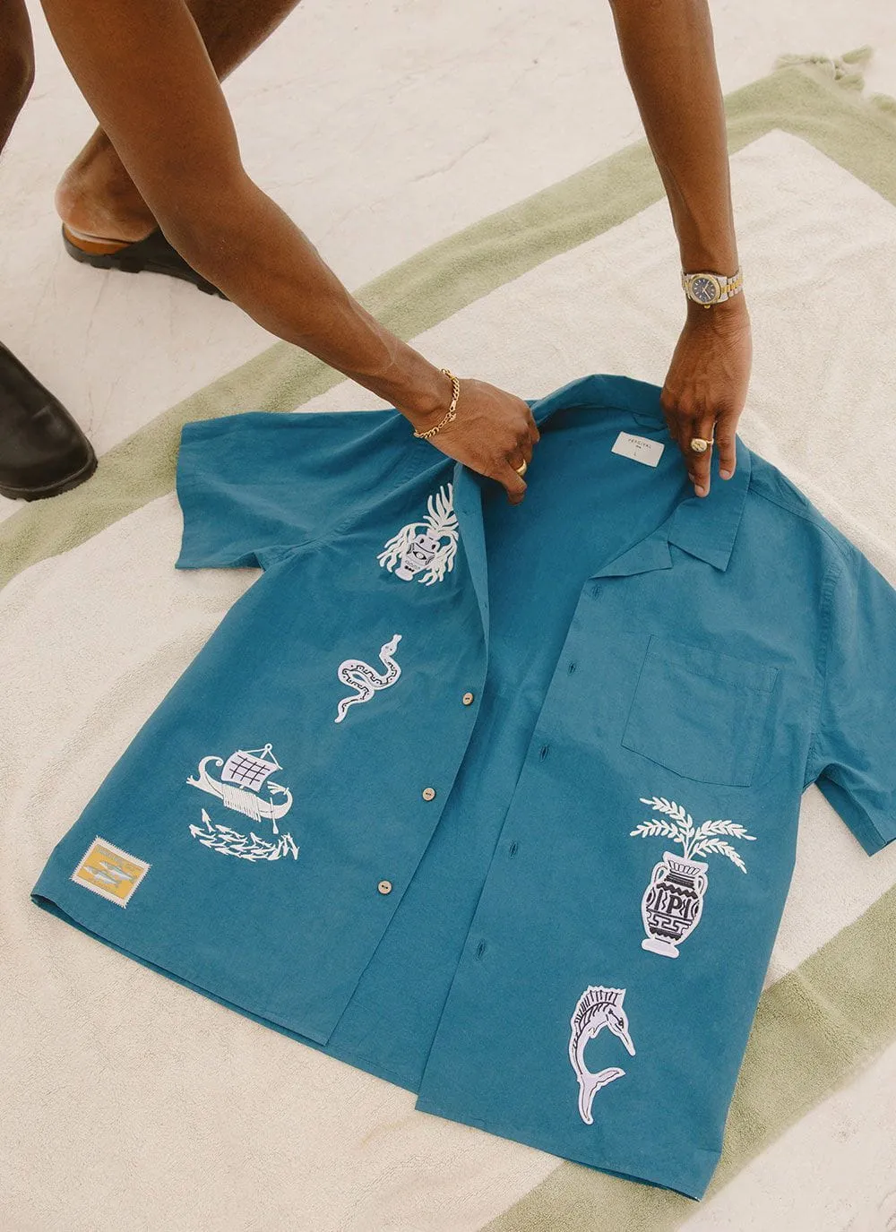 Applique Tapestry Cuban Shirt | Cotton | Blue sold by Percival product image thumbnail 4