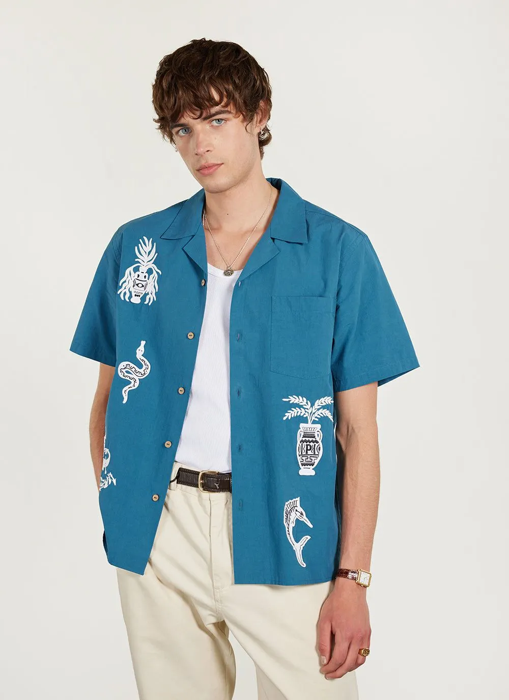 Applique Tapestry Cuban Shirt | Cotton | Blue sold by Percival product image thumbnail 3