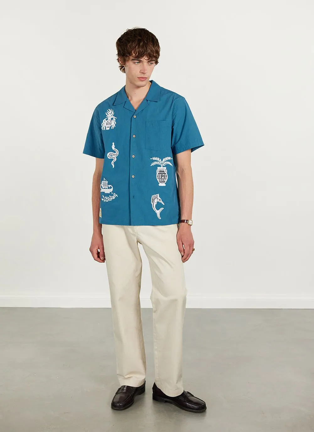 Applique Tapestry Cuban Shirt | Cotton | Blue sold by Percival