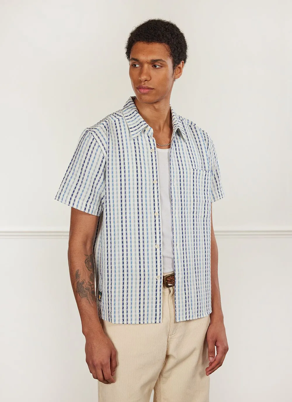 Boxy Clerk Shirt | Stripe Seersucker | Blue sold by Percival