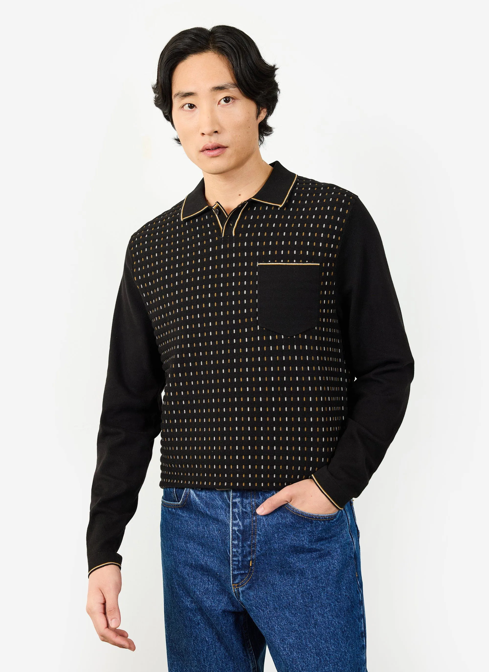 Kihara Long Sleeve Polo | Cotton | Black sold by Percival