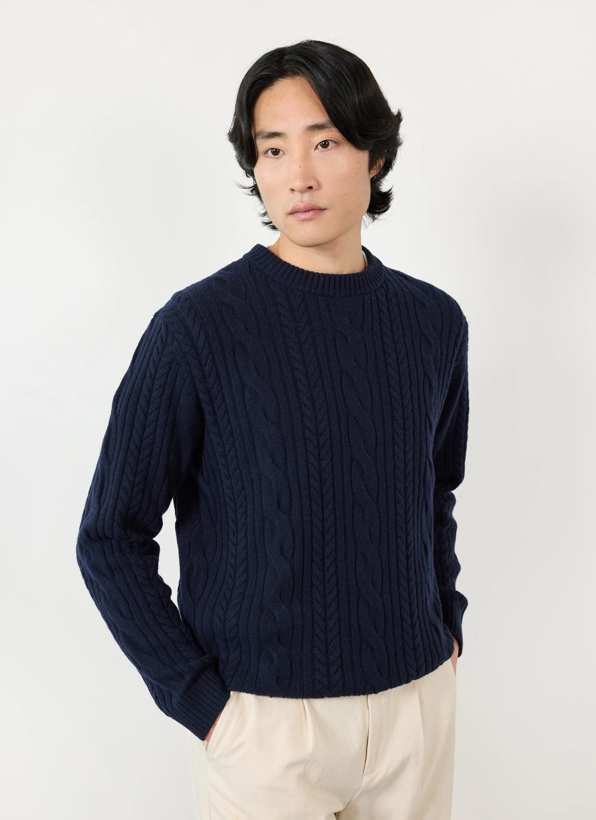 Cable Knit Jumper | Wool | Navy sold by Percival