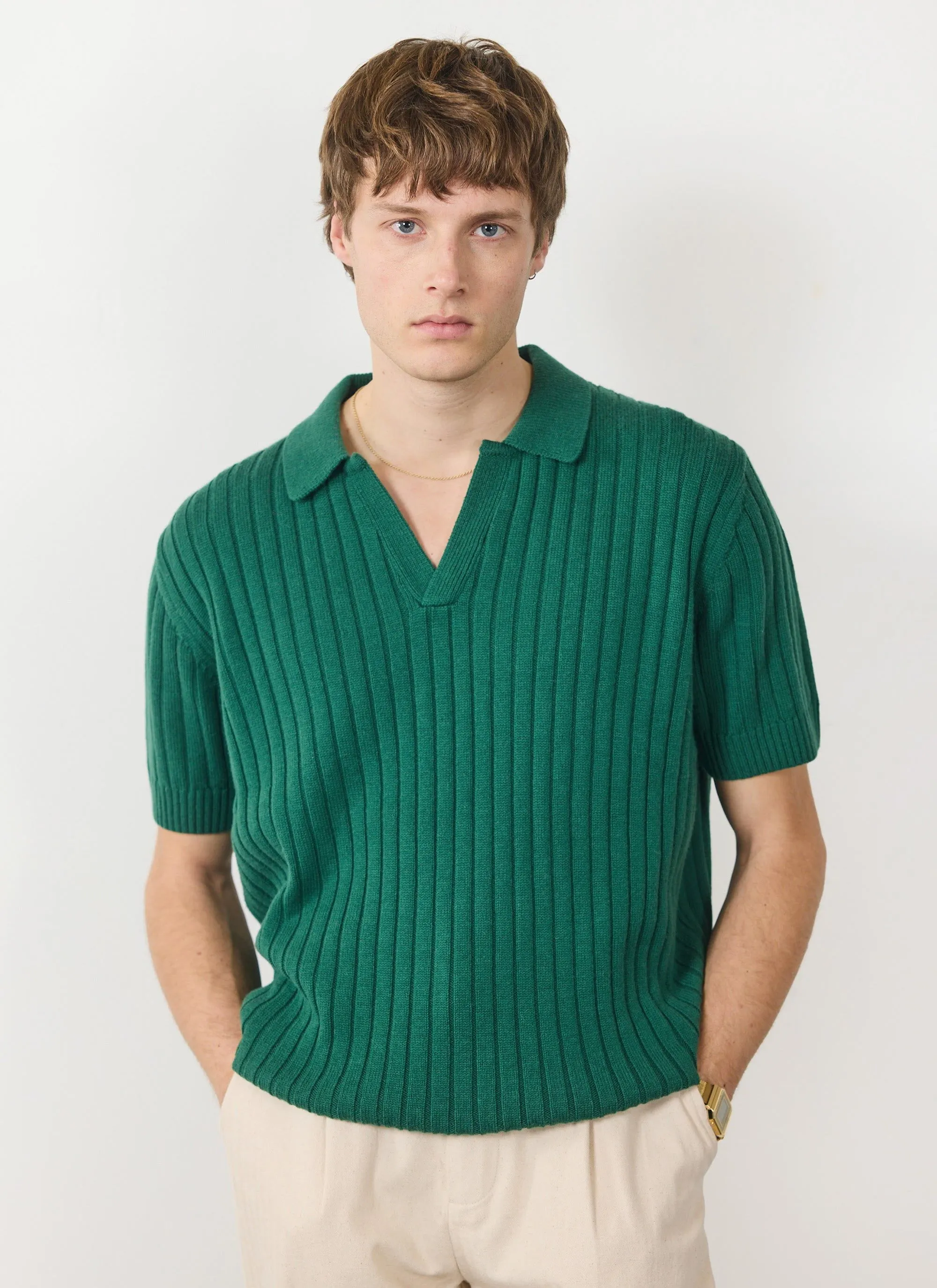 Open Collar Ribbed Polo | Percival x Ilaria | Forest sold by Percival