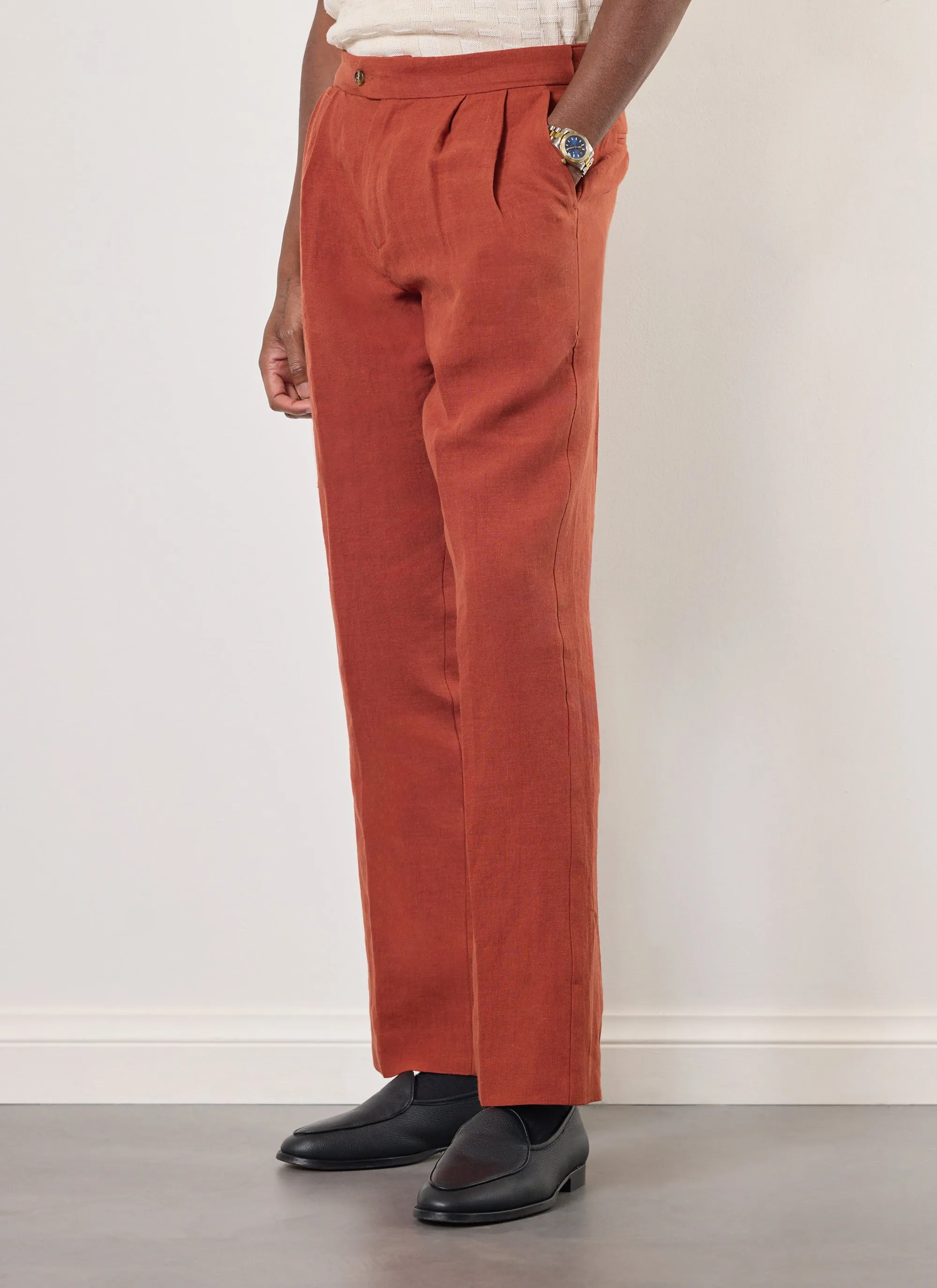 Pleated Tailored Trousers | Linen | Rust sold by Percival