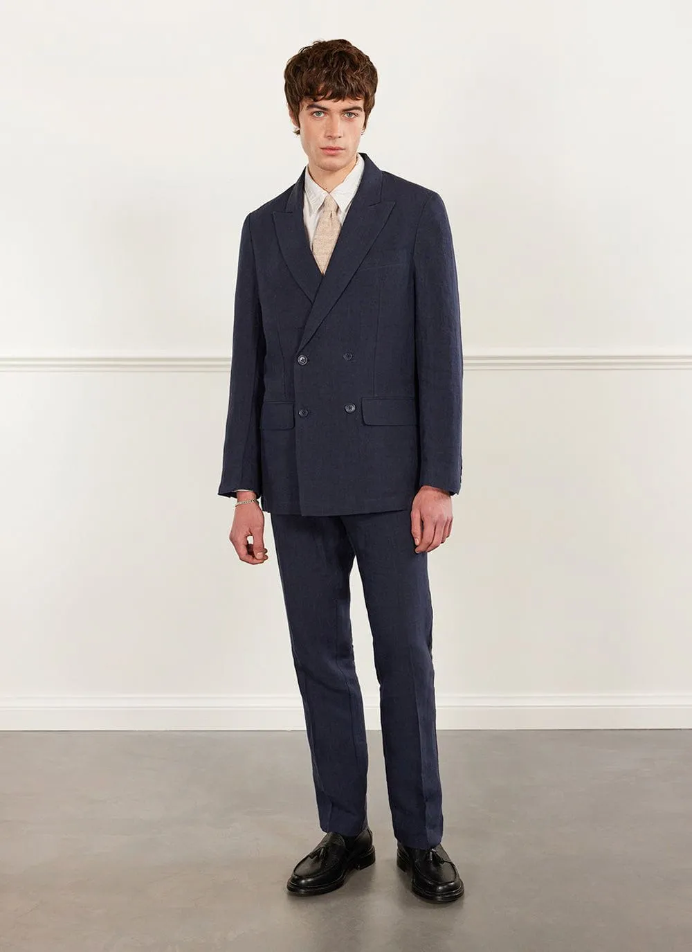 Tailored Double Breasted Blazer | Linen | Navy sold by Percival