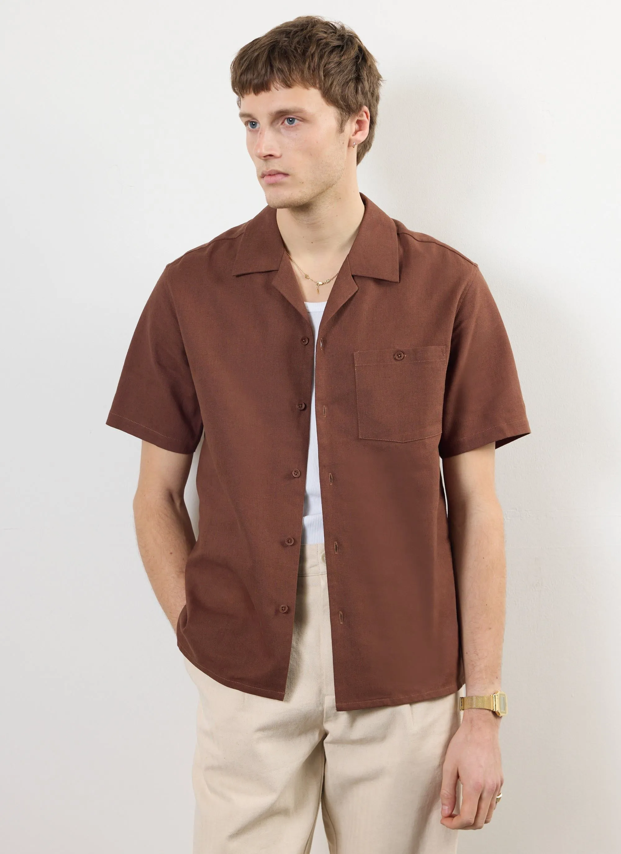 Short Sleeve Cuban Shirt | Linen | Espresso sold by Percival