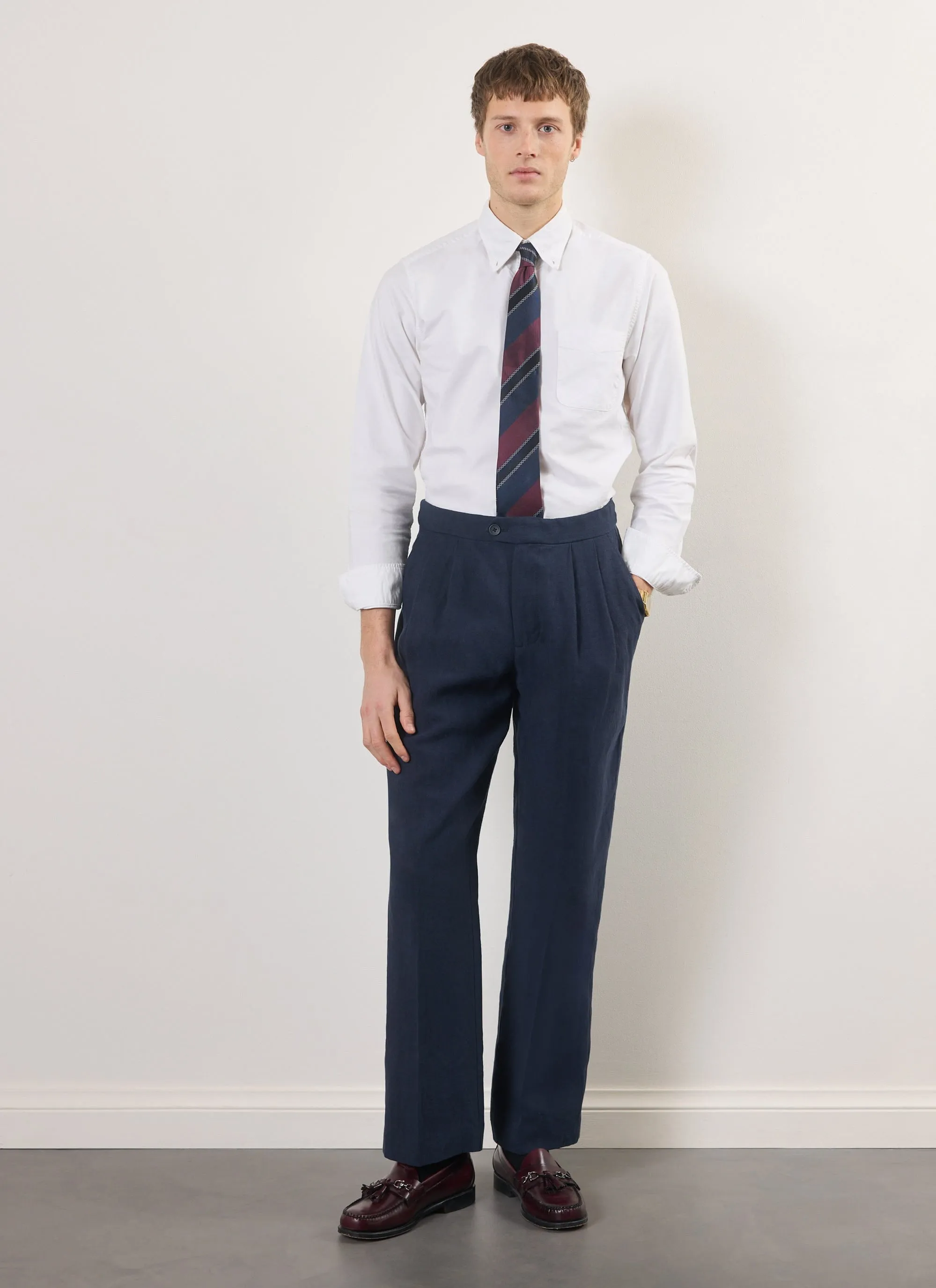 Pleated Tailored Trousers | Linen | Navy sold by Percival