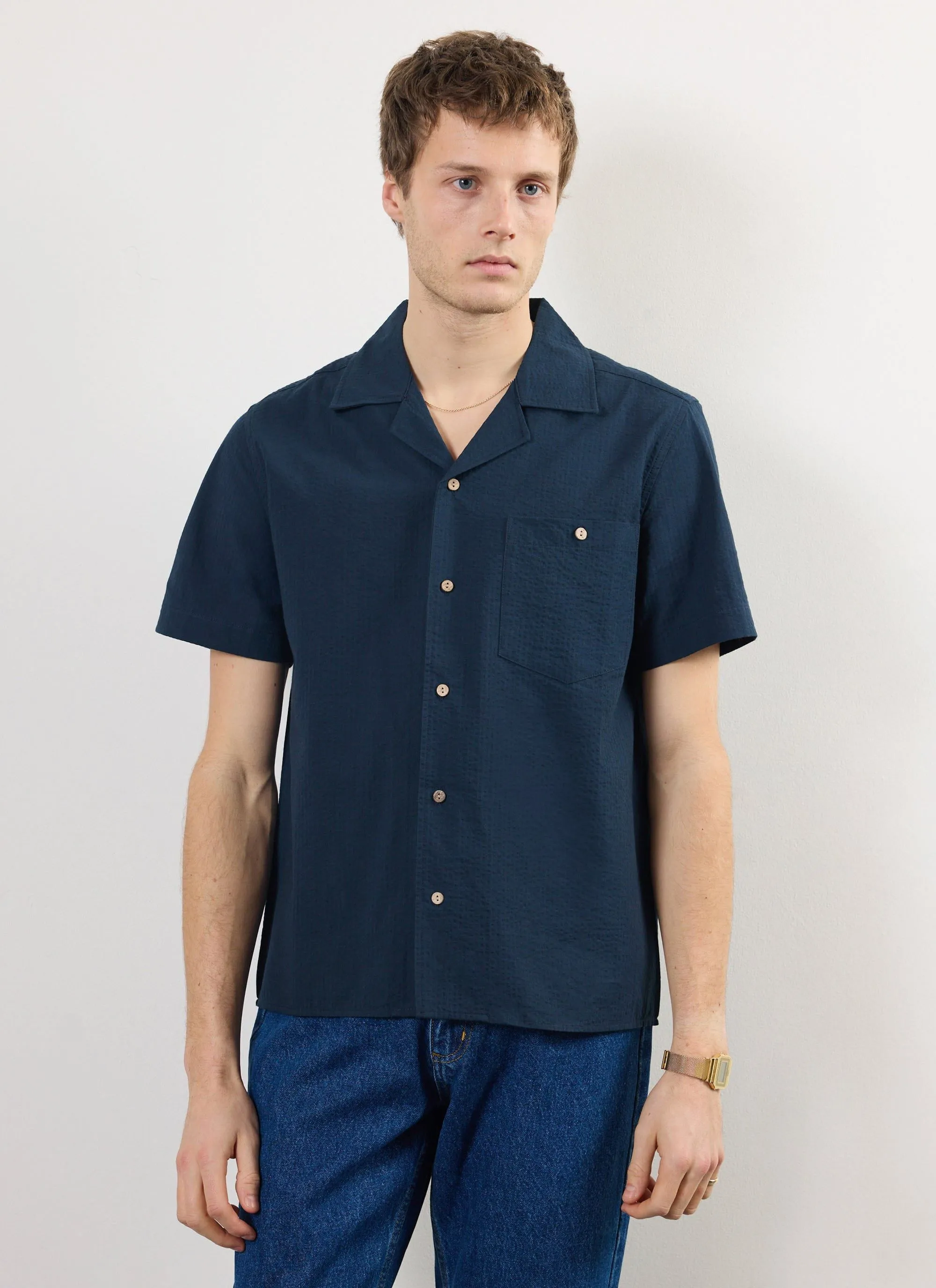Cuban Shirt | Seersucker | Navy sold by Percival