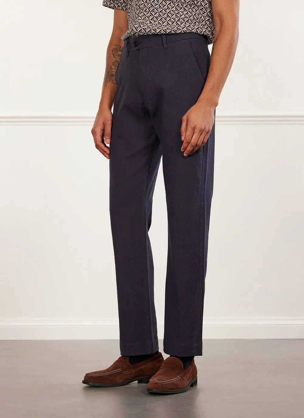Archive Tailored Seersucker Trousers | Navy sold by Percival