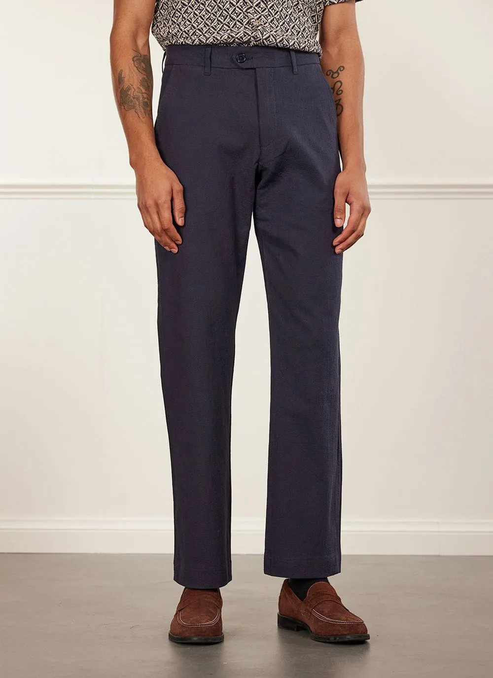 Archive Tailored Seersucker Trousers | Navy sold by Percival product image thumbnail 2
