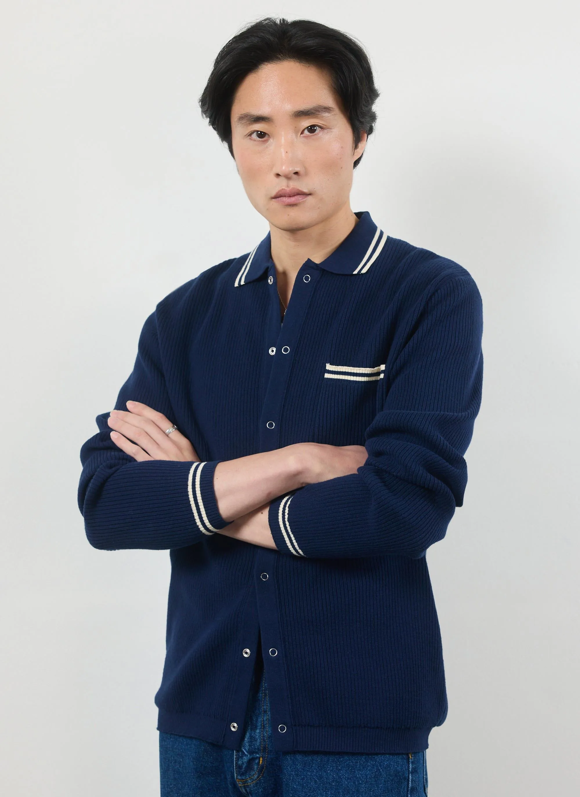 Pablo Cotton Knitted Shirt | Long Sleeve | Navy sold by Percival