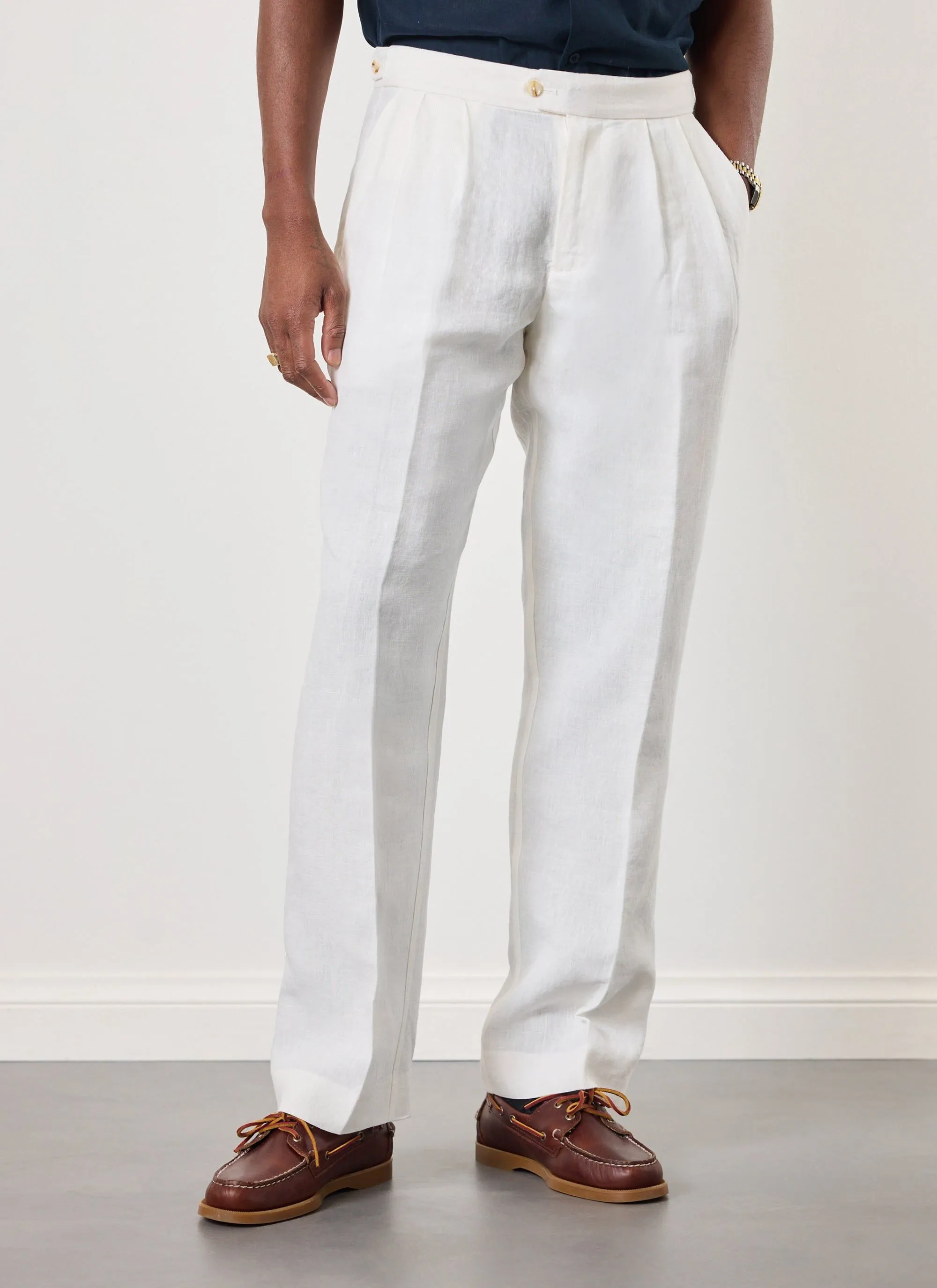 Pleated Tailored Trousers | Linen | White sold by Percival