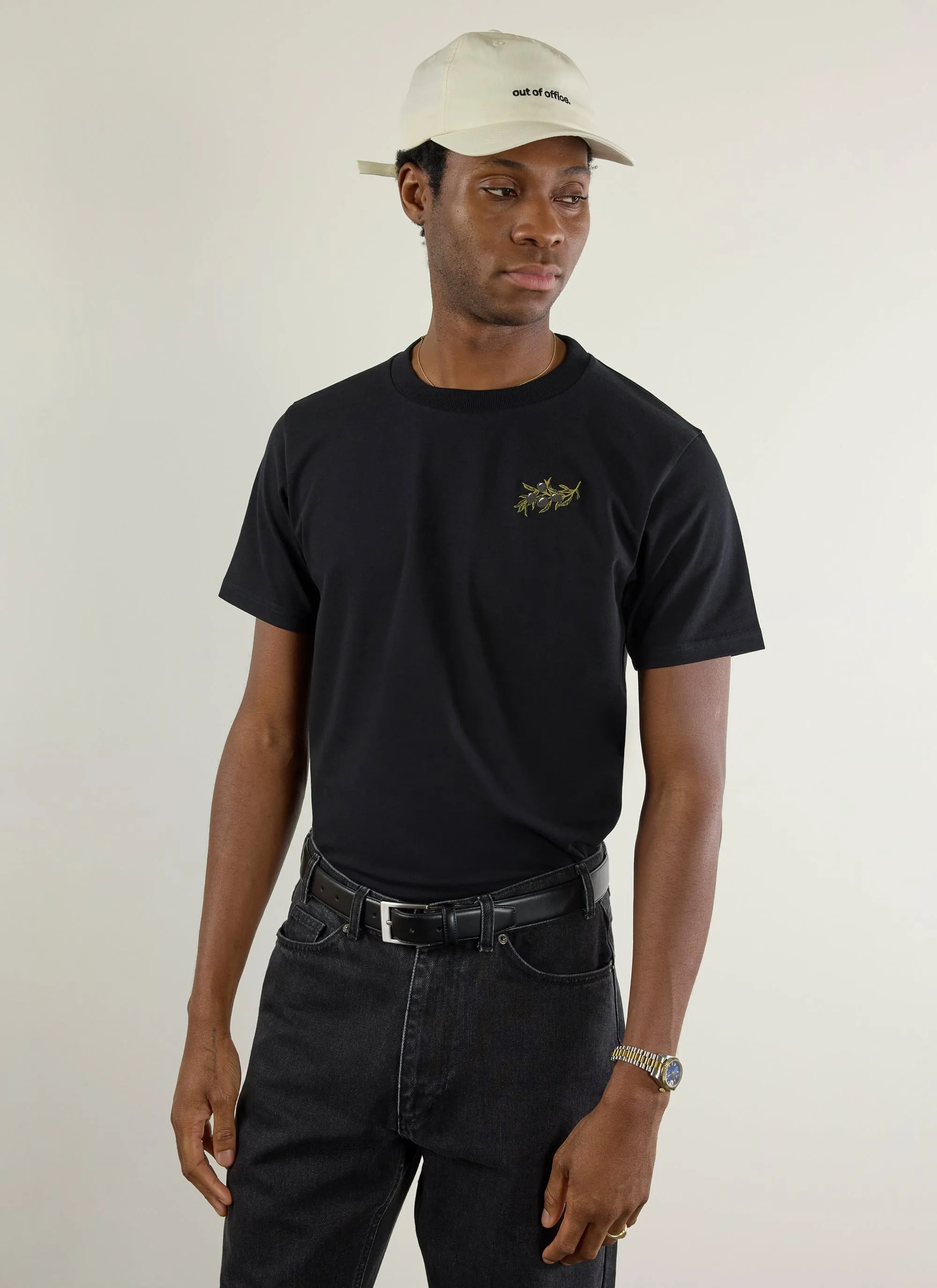 Embroidered Olive T Shirt | Black sold by Percival