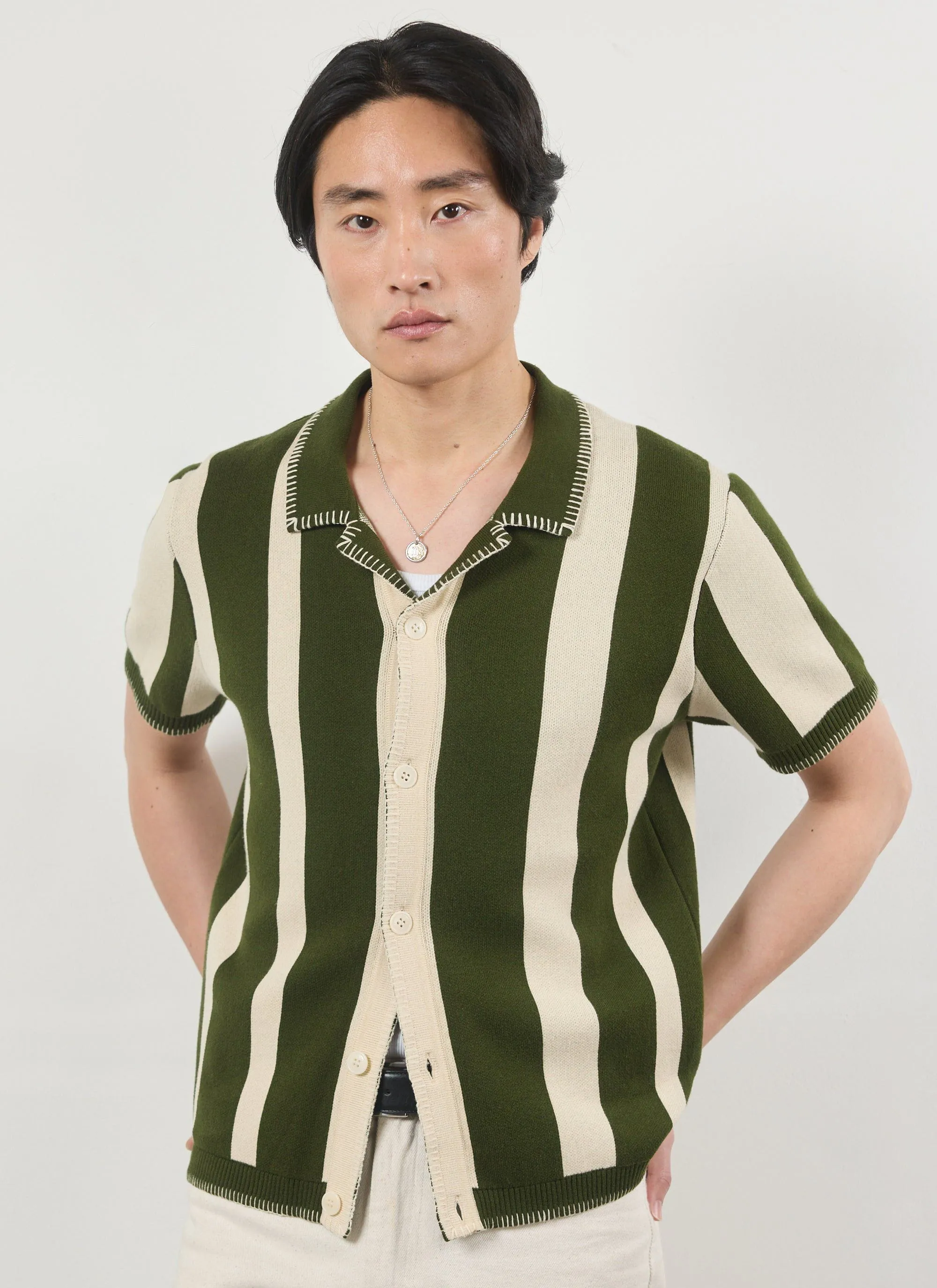Knitted Stripe Cuban Shirt | Green sold by Percival