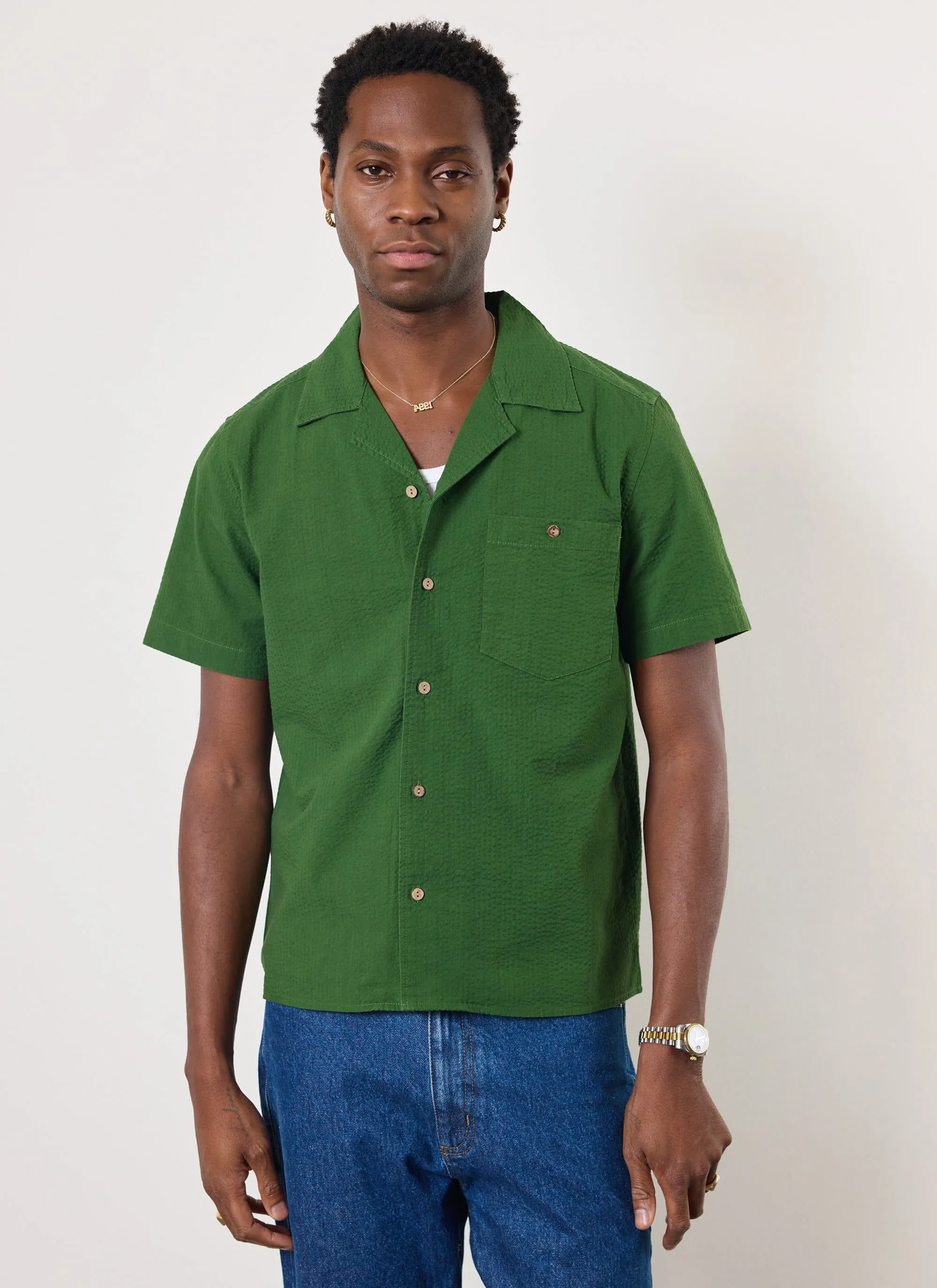 Cuban Shirt | Seersucker | Forest sold by Percival