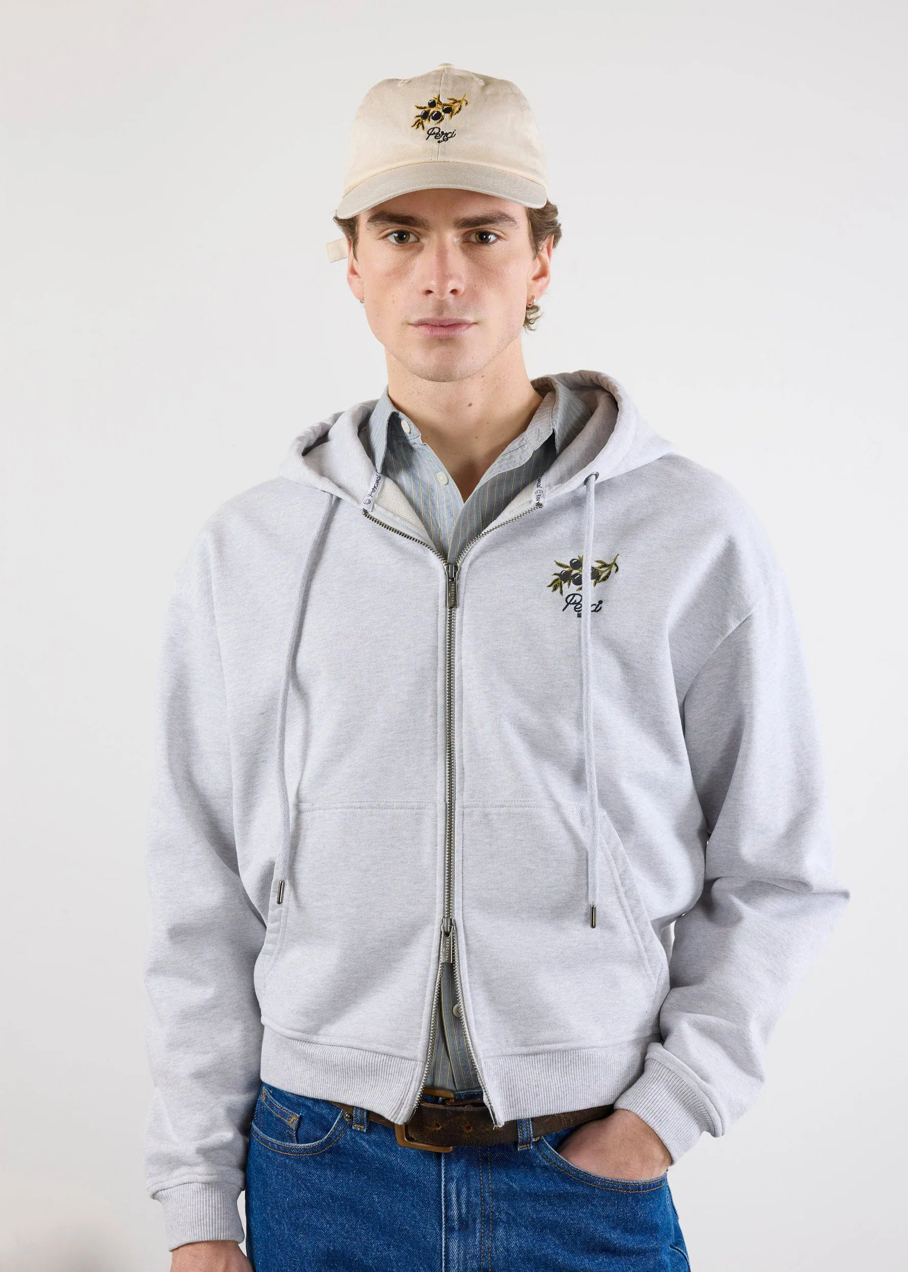 Olive Zip Through Hoodie | Embroidered Organic Cotton | Athletic Grey sold by Percival