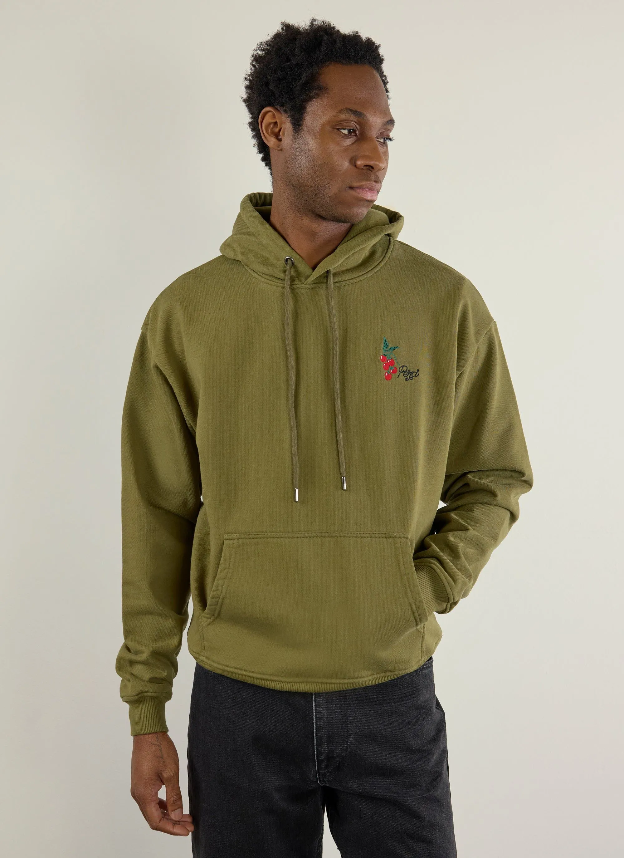 Tomato Hoodie | Embroidered Organic Cotton | Olive sold by Percival