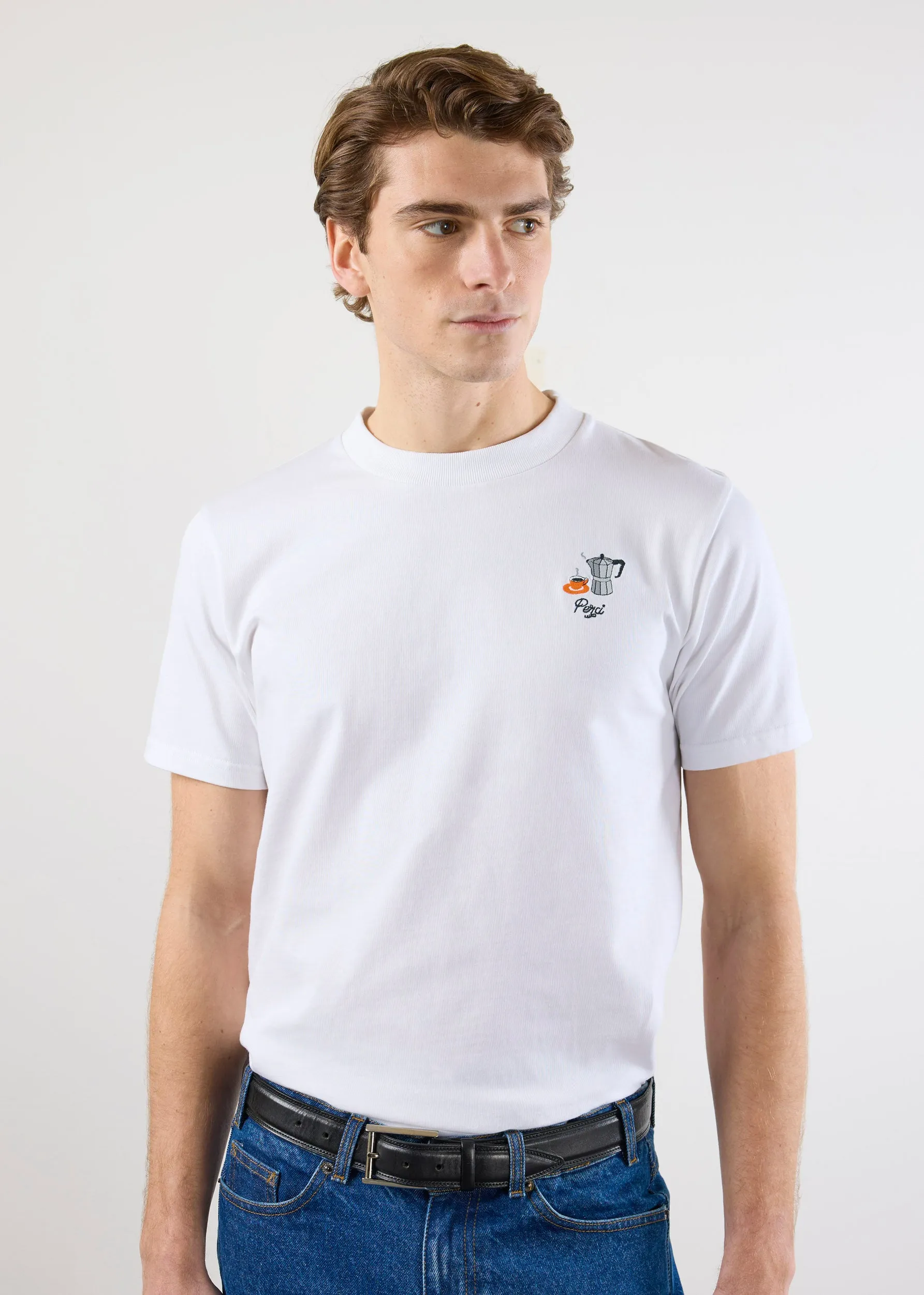 Moka Pot T Shirt | Embroidered Organic Cotton | White sold by Percival product image thumbnail 4