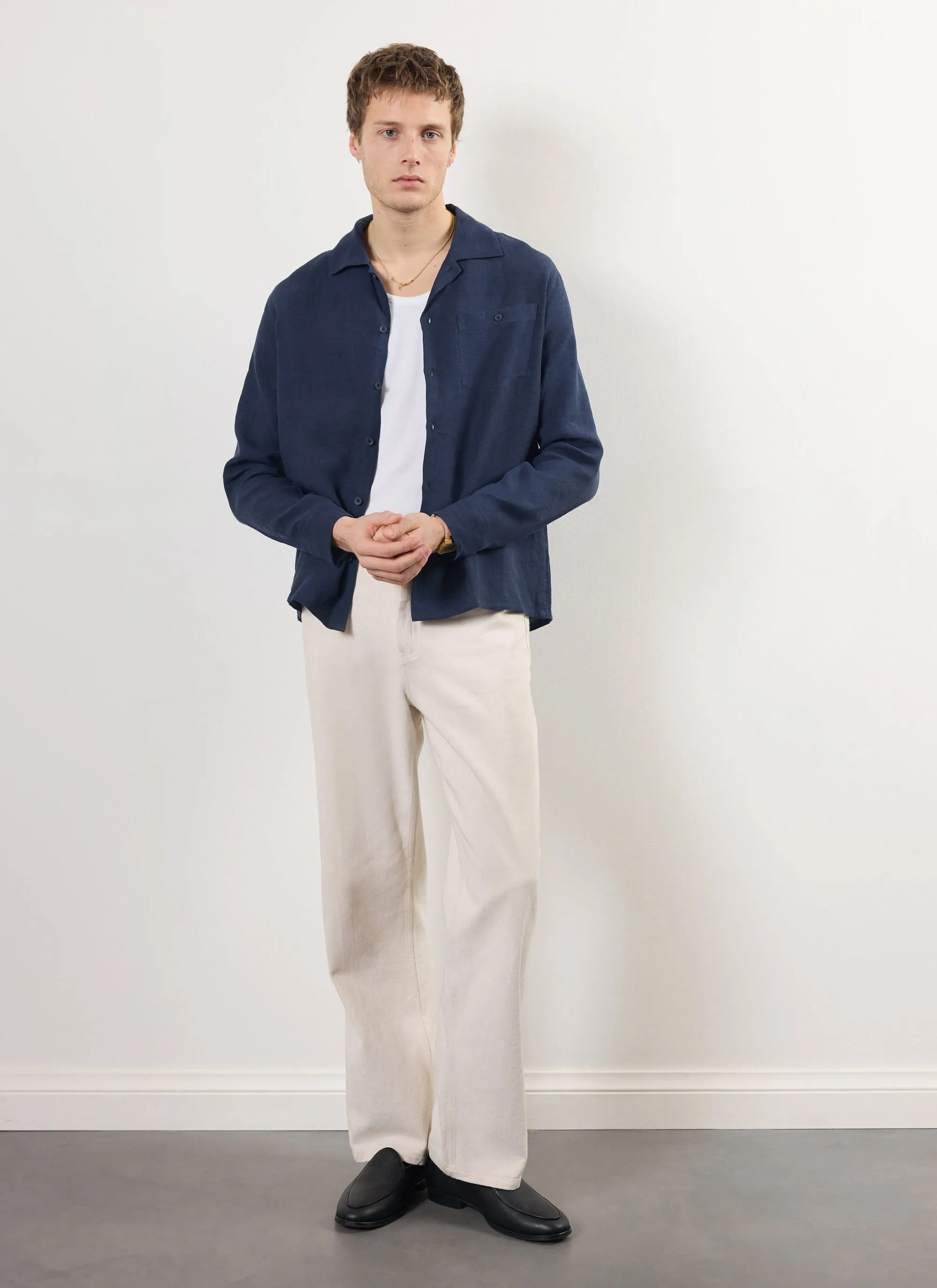 Long Sleeve Cuban Linen Shirt | Navy sold by Percival product image thumbnail 3