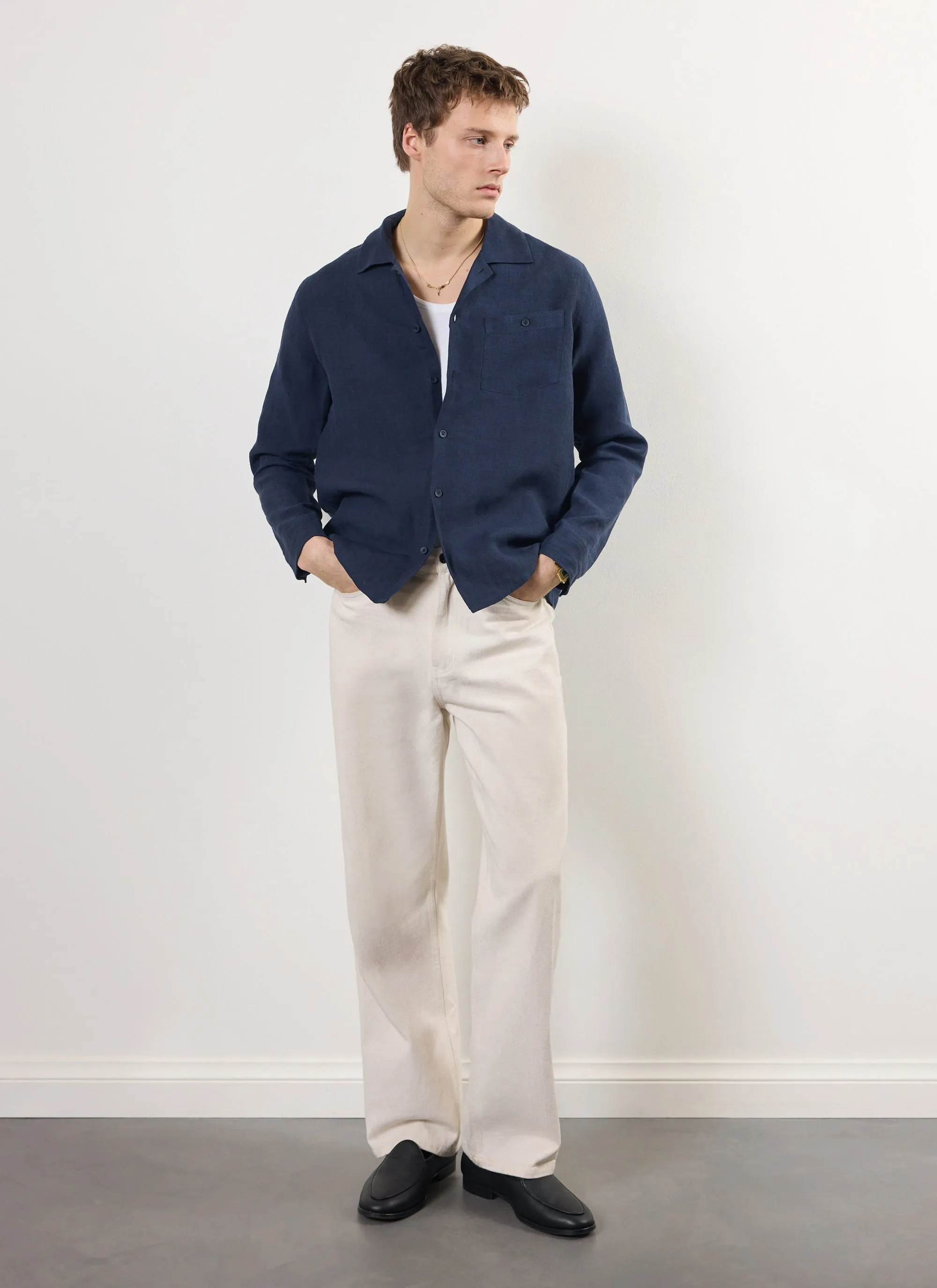 Long Sleeve Cuban Linen Shirt | Navy sold by Percival product image thumbnail 4