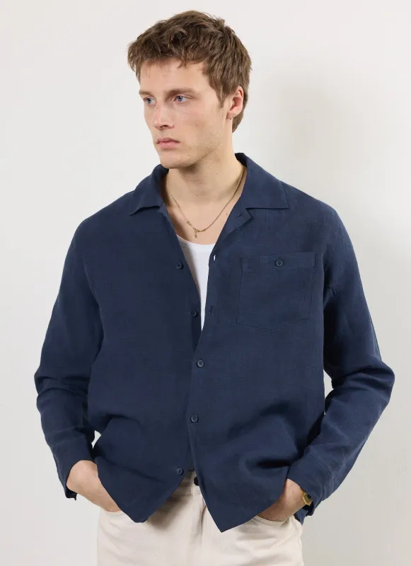 Long Sleeve Cuban Linen Shirt | Navy sold by Percival