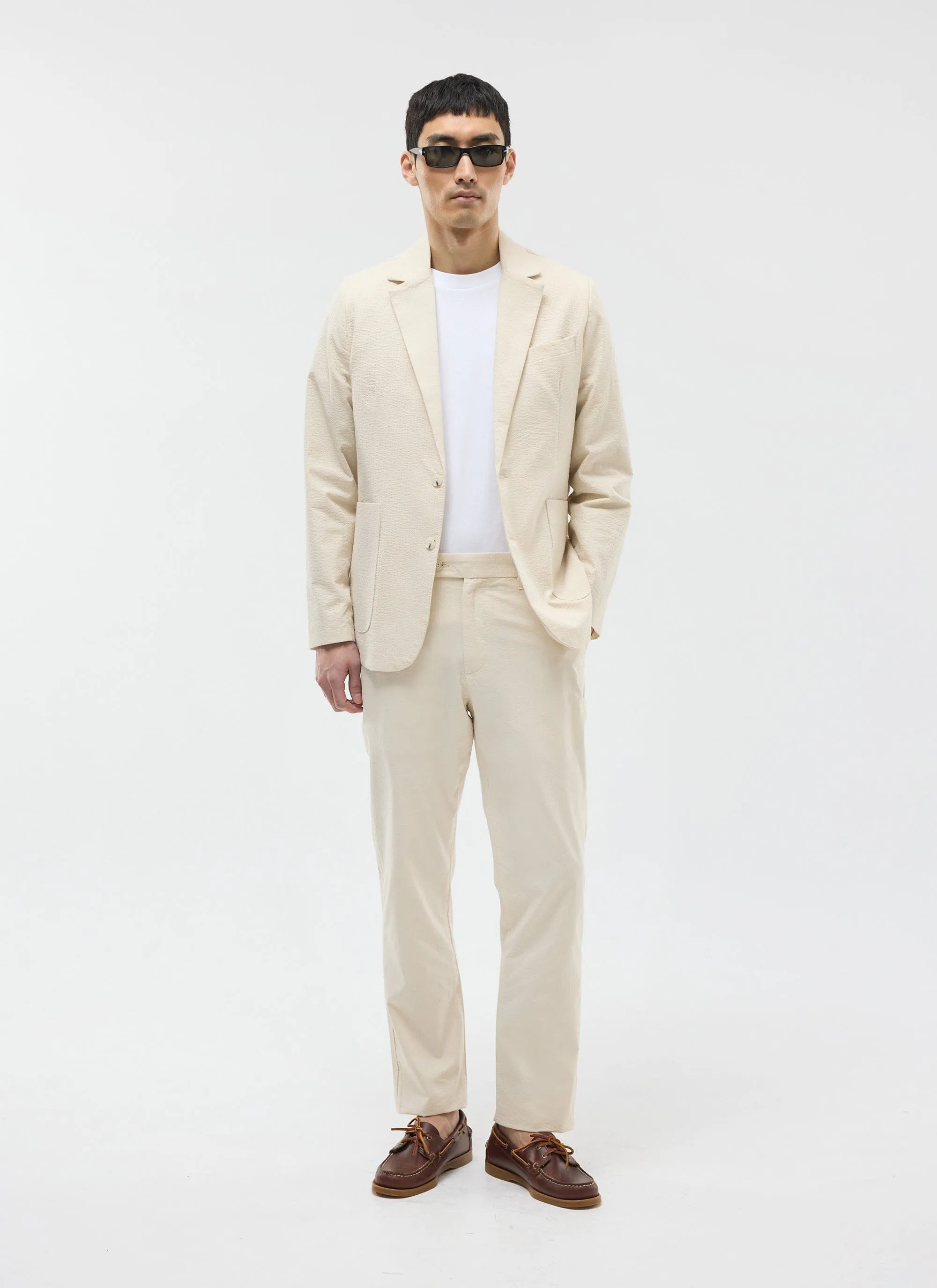 Tailored Seersucker Blazer | Cream sold by Percival