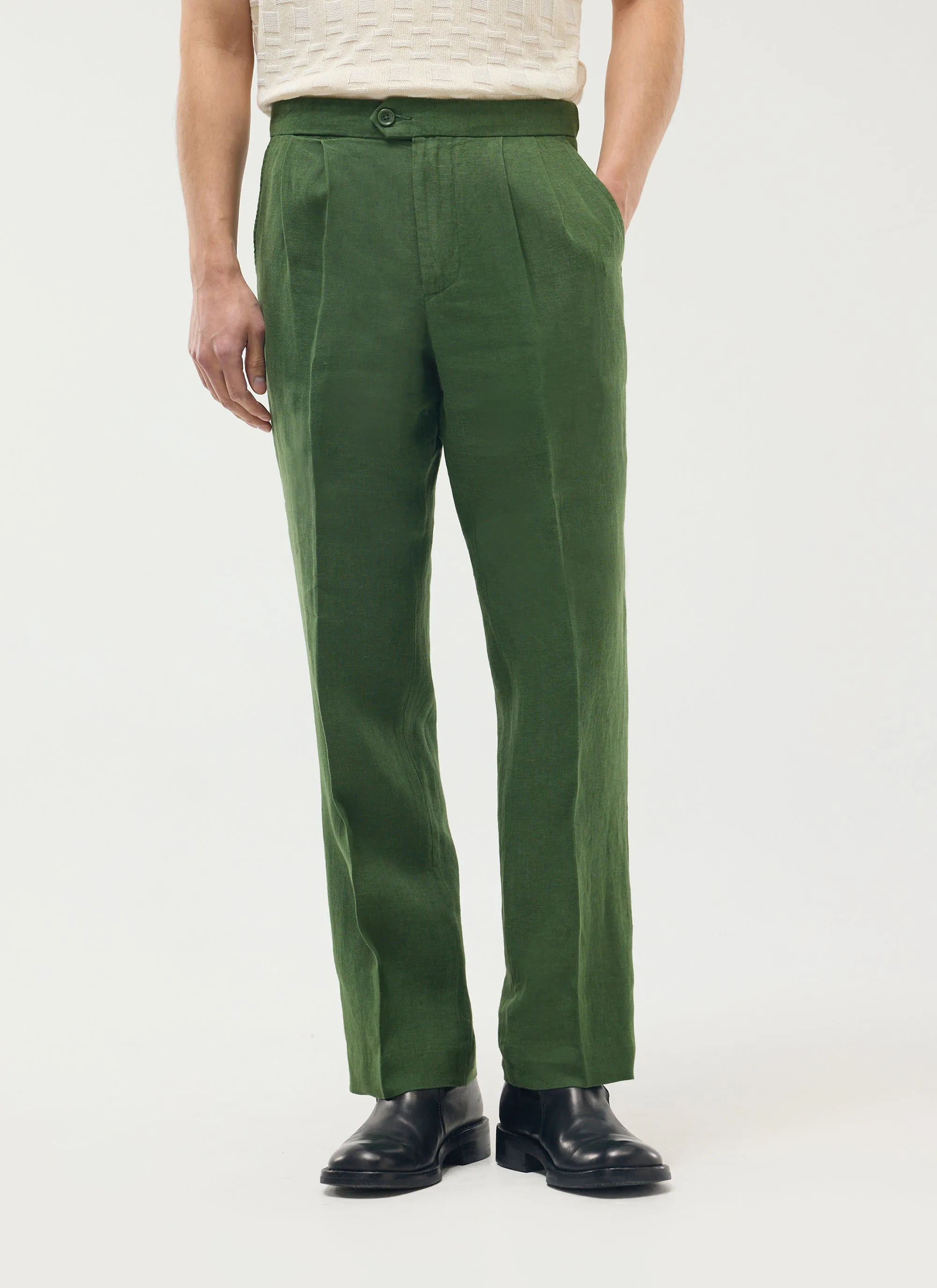 Pleated Tailored Trousers | Linen | Sage sold by Percival