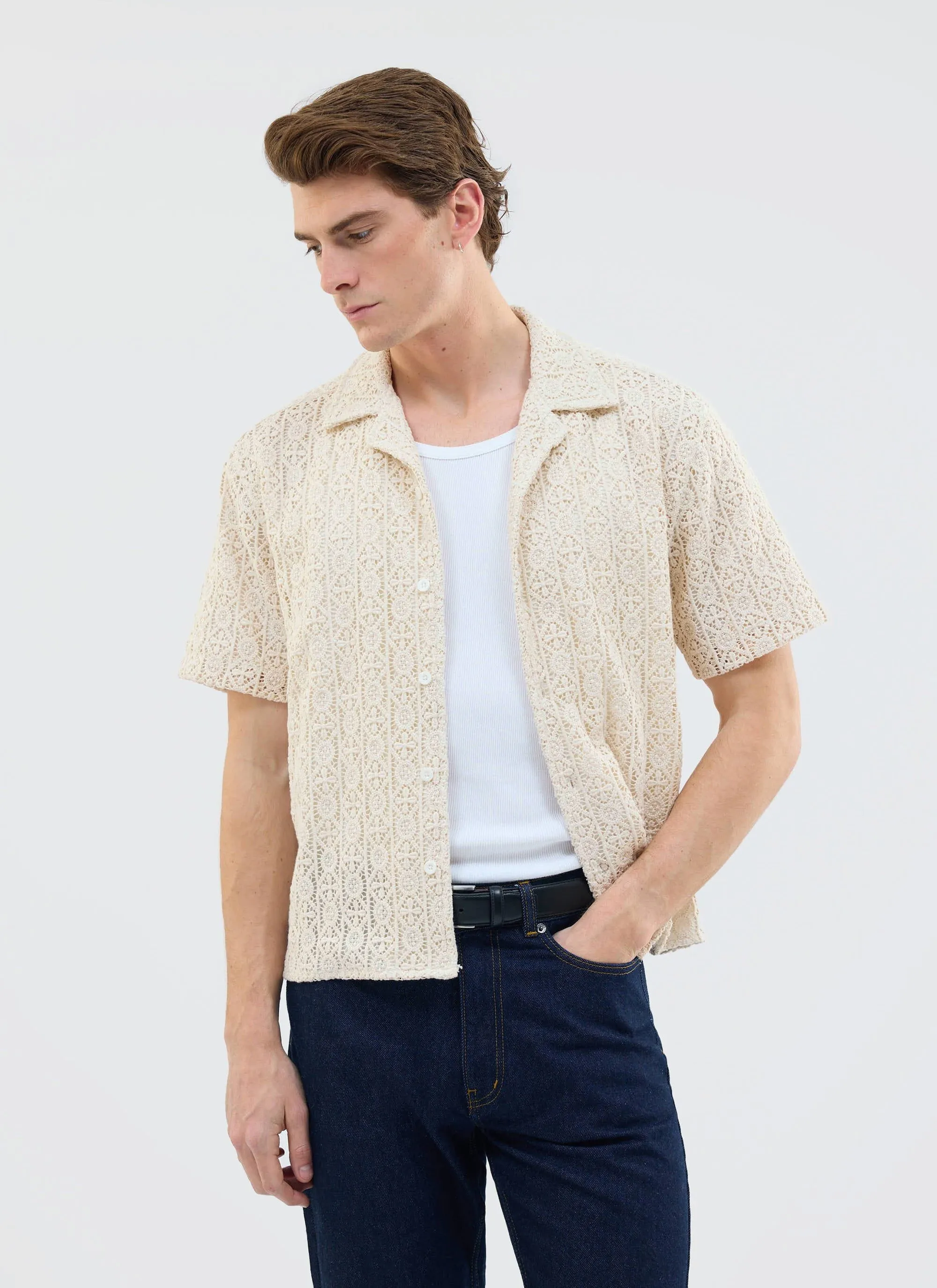 Elio Crochet Cuban Shirt | Ecru sold by Percival product image thumbnail 2
