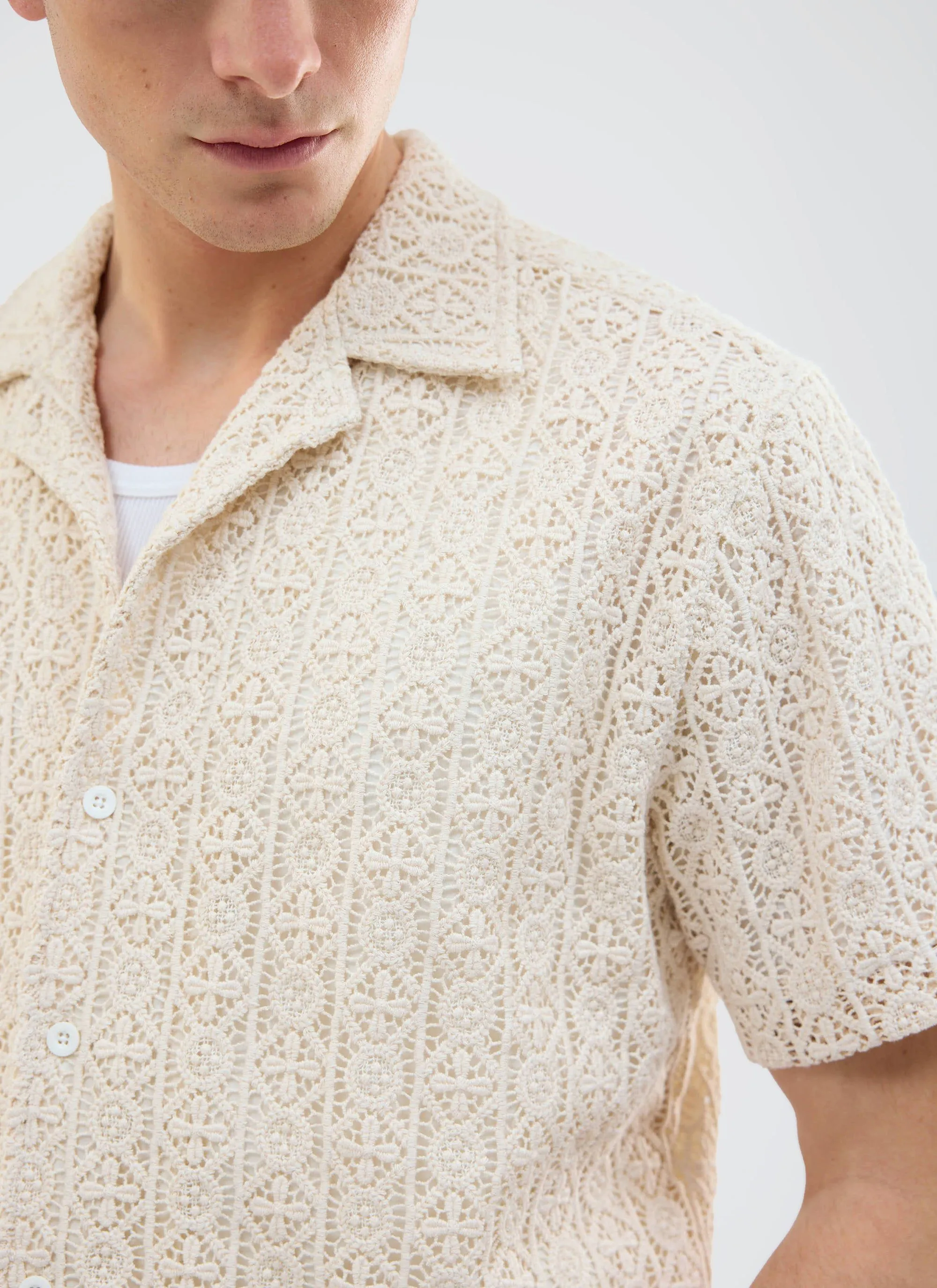 Elio Crochet Cuban Shirt | Ecru sold by Percival product image thumbnail 3
