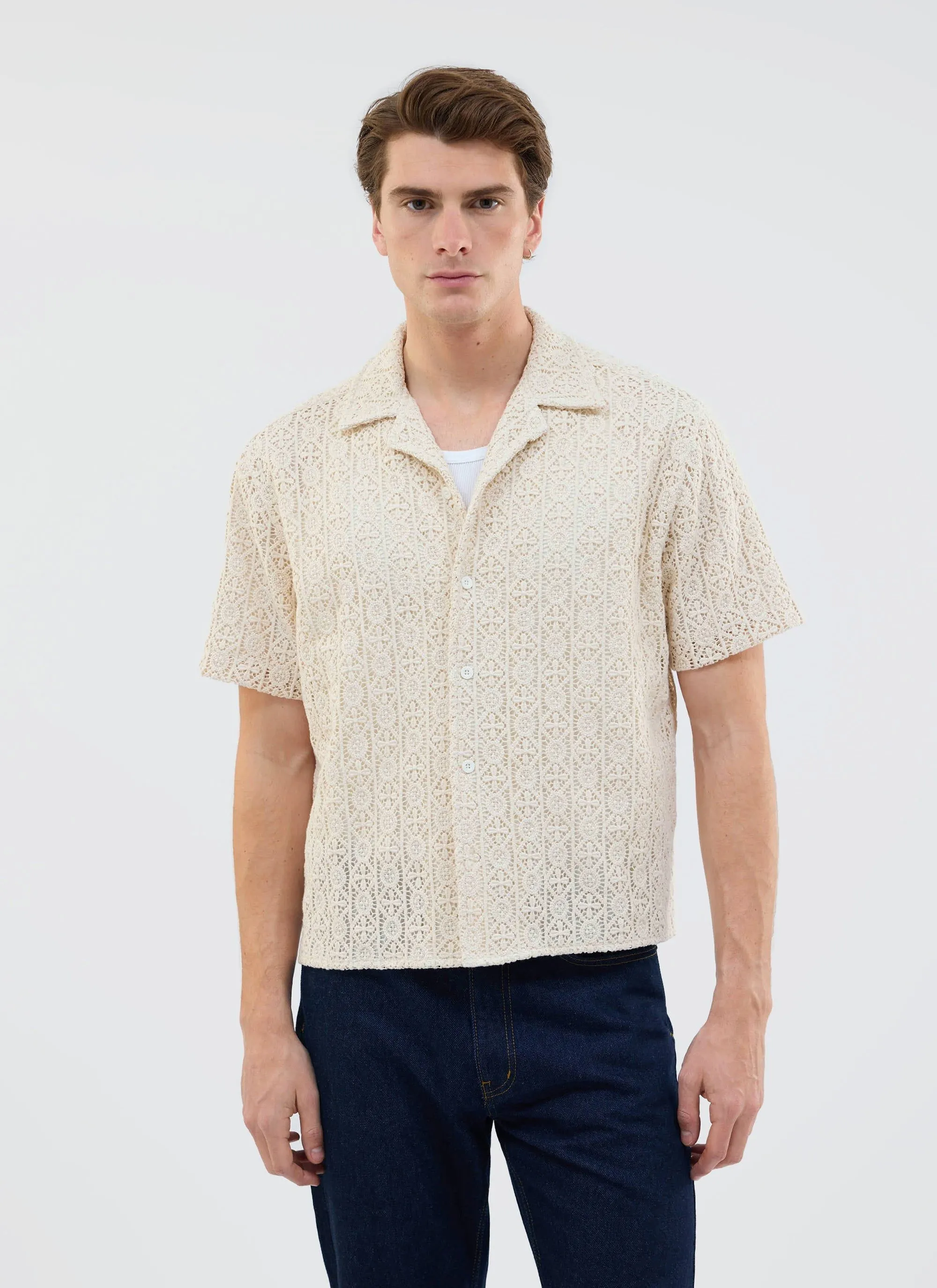 Elio Crochet Cuban Shirt | Ecru sold by Percival