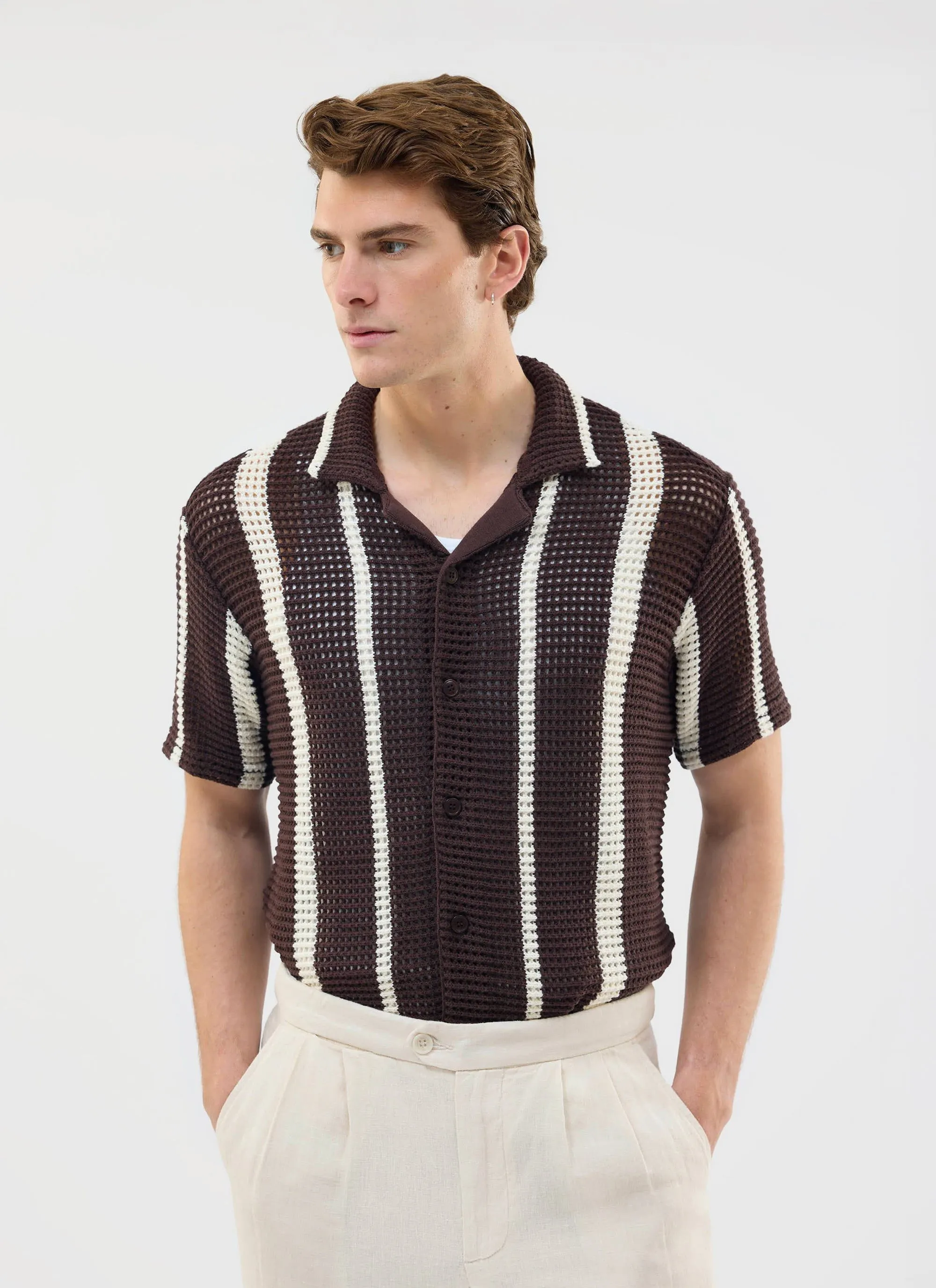 Conti Knitted Stripe Shirt | Cotton | Brown with Ecru sold by Percival product image thumbnail 3